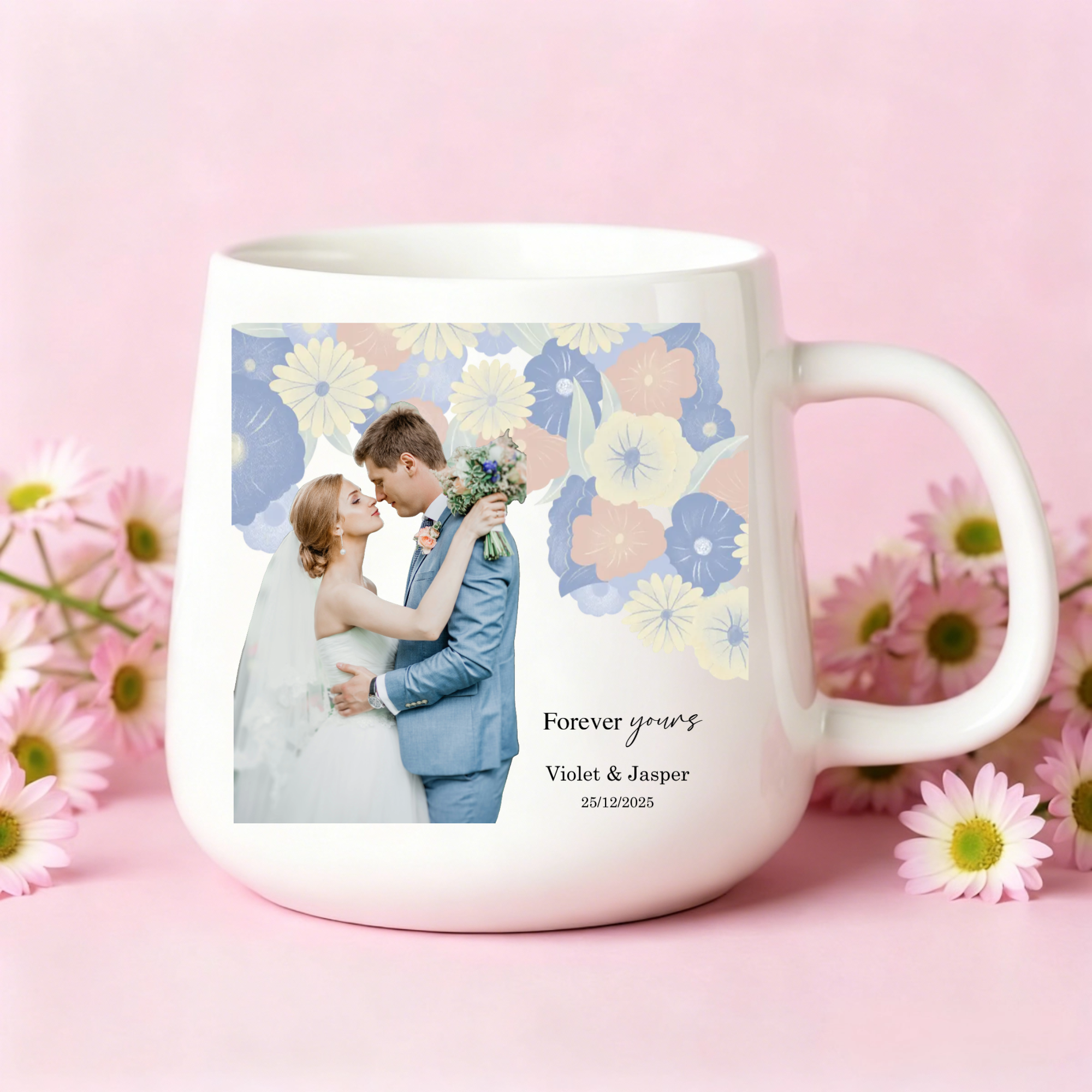 Personalized Floral Photo Mug, Romantic Gift for Couples, Wedding, Anniversary, Perfect for Valentine‘s Day