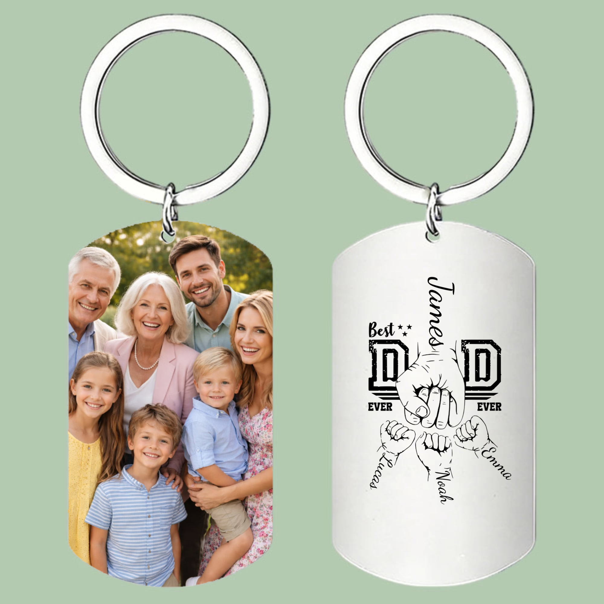 Custom Fist Print Dad Keychain Design, Personalized Picture Metal Key Tag, Awesome Gift For Papa