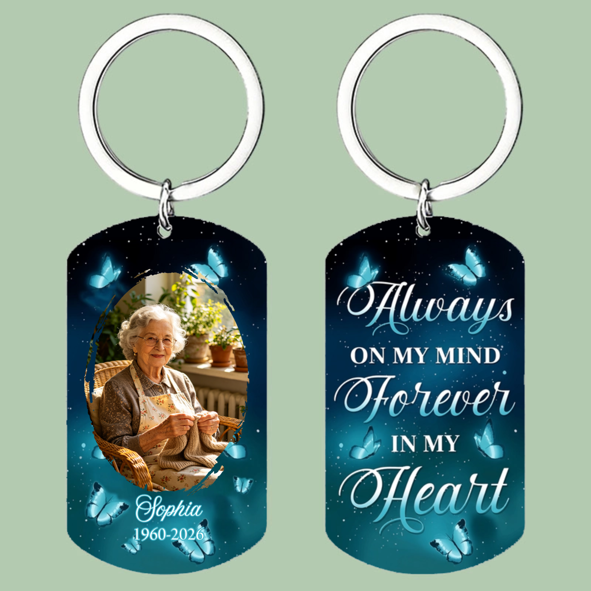Custom Engraved Stainless Steel Memorial Keychain - Personalized Photo Keepsake with "Always on My Mind Forever in My Heart" Message, Sympathy Gift for Loss of Mother, Easter, Thanksgiving, Day of the Dead Commemorative Gift, Memorial Keepsake