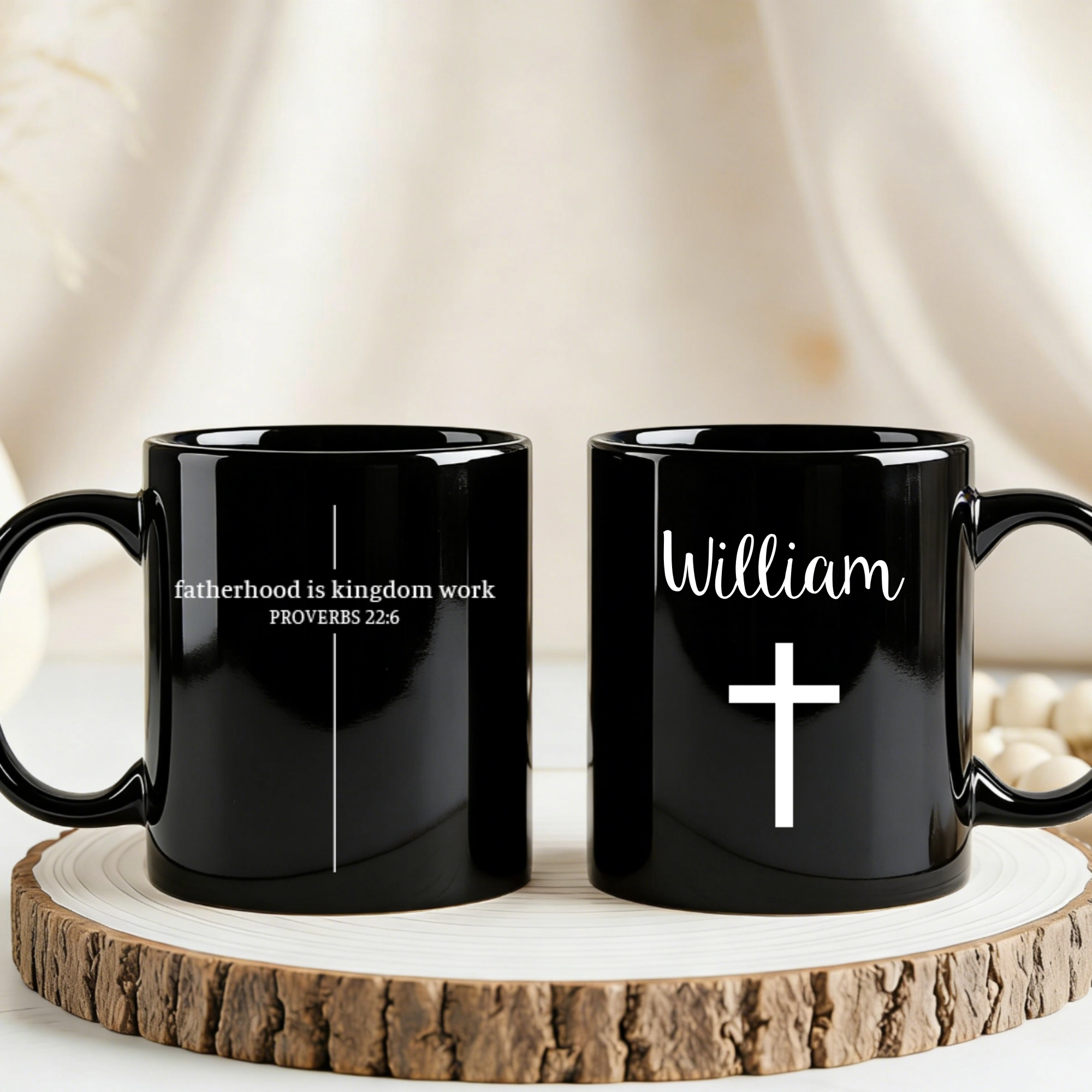 Personalized Black Ceramic Mug, Custom With Your Child's Name and Featuring A Christian Verse About Fatherly Love; A Perfect Gift For Dad, Or A Father's Day Customized Coffee Mug.