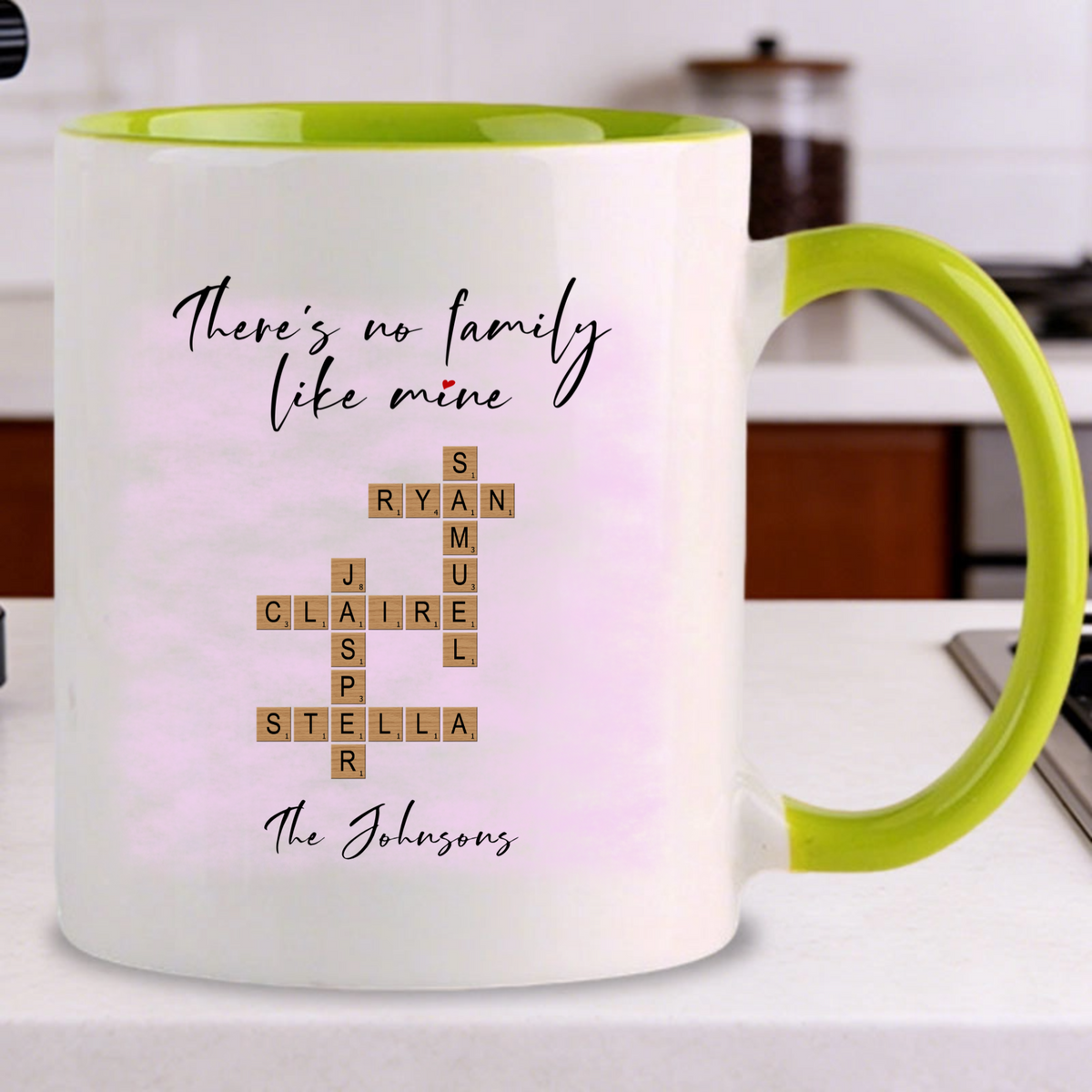 There's No Family Like Mine Personalized Crossword Art Mug, Gift for Families, Perfect for Reunions, Birthdays, Mother’s Day, All Family Occasions