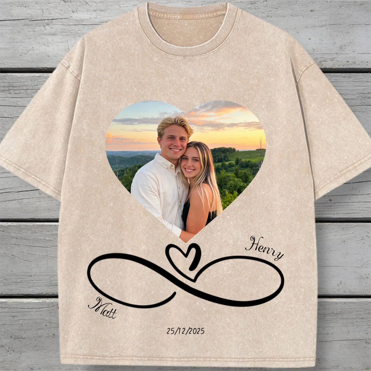 Infinite Love Personalized Vintage Washed Cotton T-Shirt, Couple's Gift for Weddings, Anniversaries, Valentine's Day