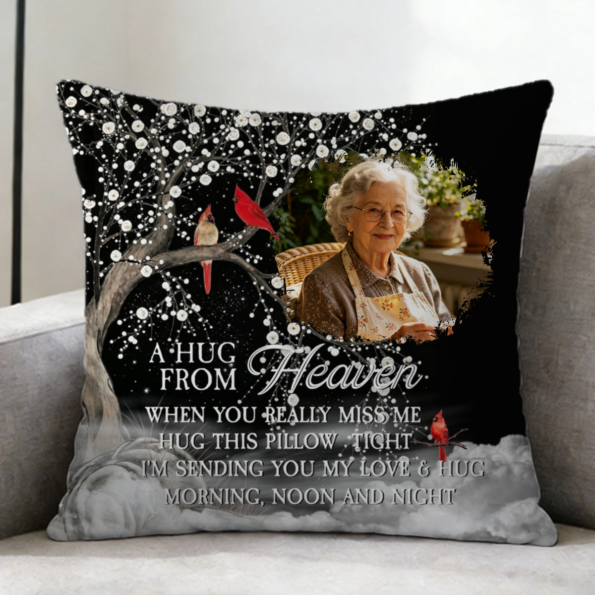 Custom Photo Square Pillow – A Hug From Heaven Memorial Cushion To Hold When You Miss Them, Unique Sympathy Gift & Cozy Room Decor