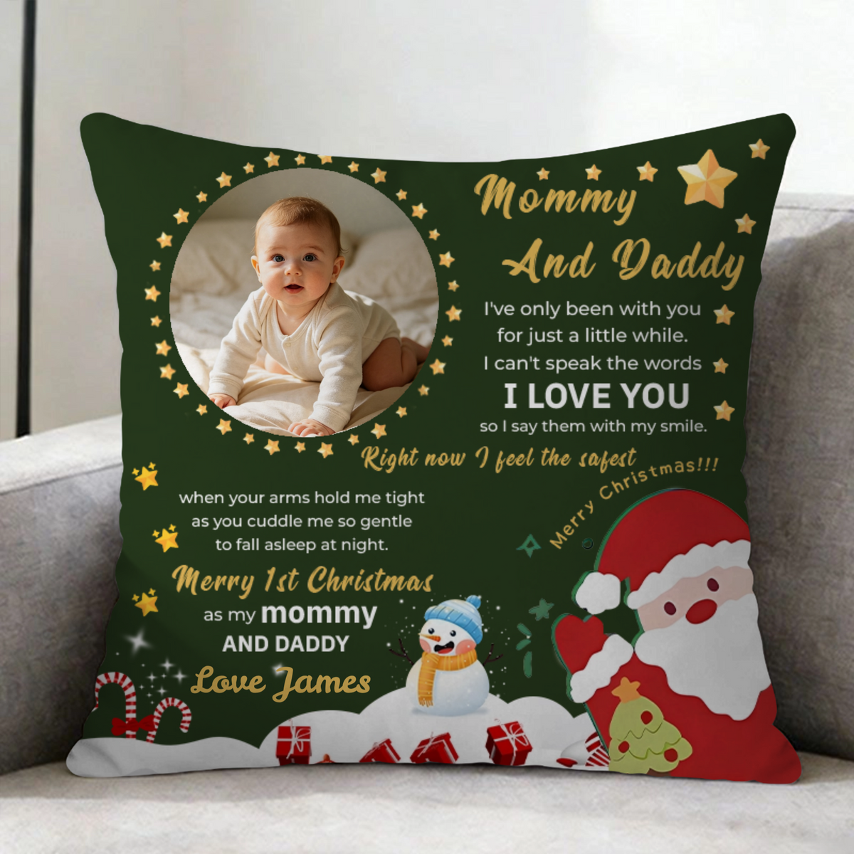 "Happy 1st Christmas With Mom And Dad!" — Personalized Santa Claus Throw Pillow, Gift For Parents, Baby's 1st Christmas Keepsake