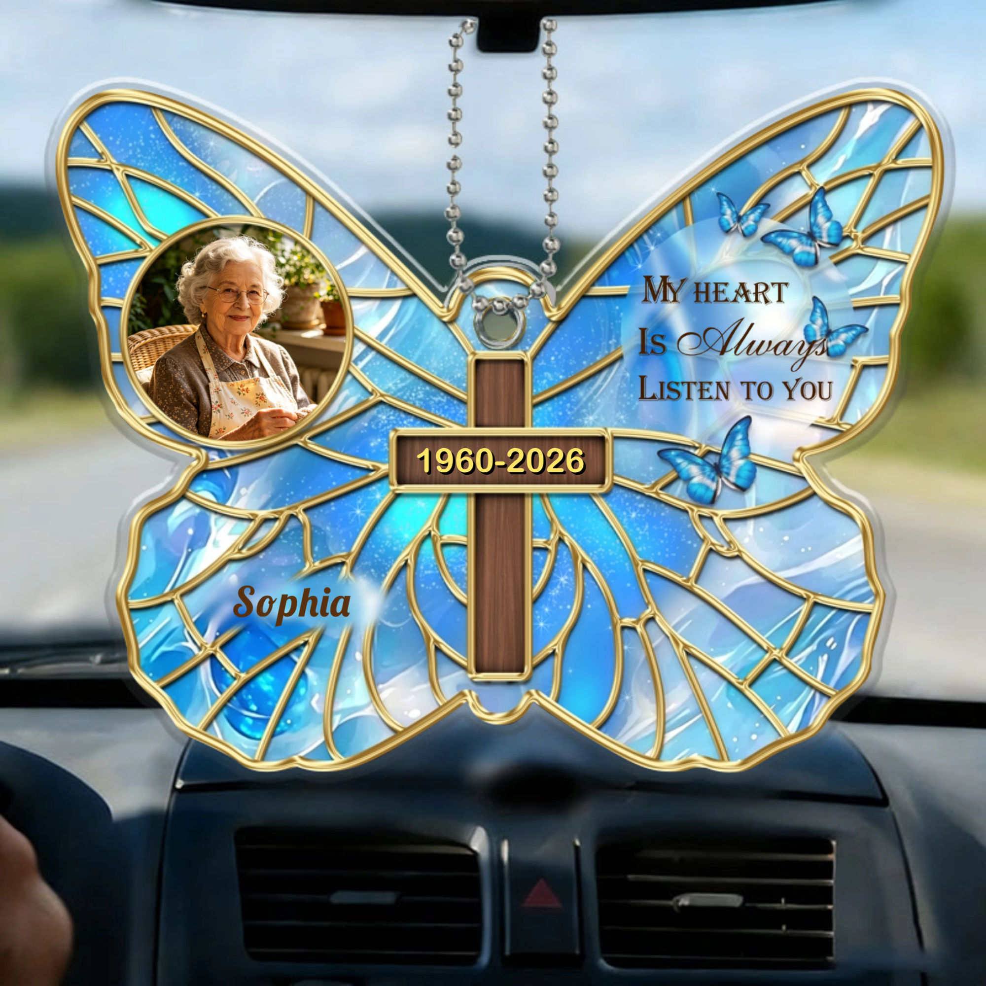 Custom Colorful Butterfly & Cross Memorial Photo Ornament, Custom Hanging Pendant for Car Rearview Mirror, An Ideal Sympathy Gift to Honor Deceased Loved Ones & Comfort Grieving Families
