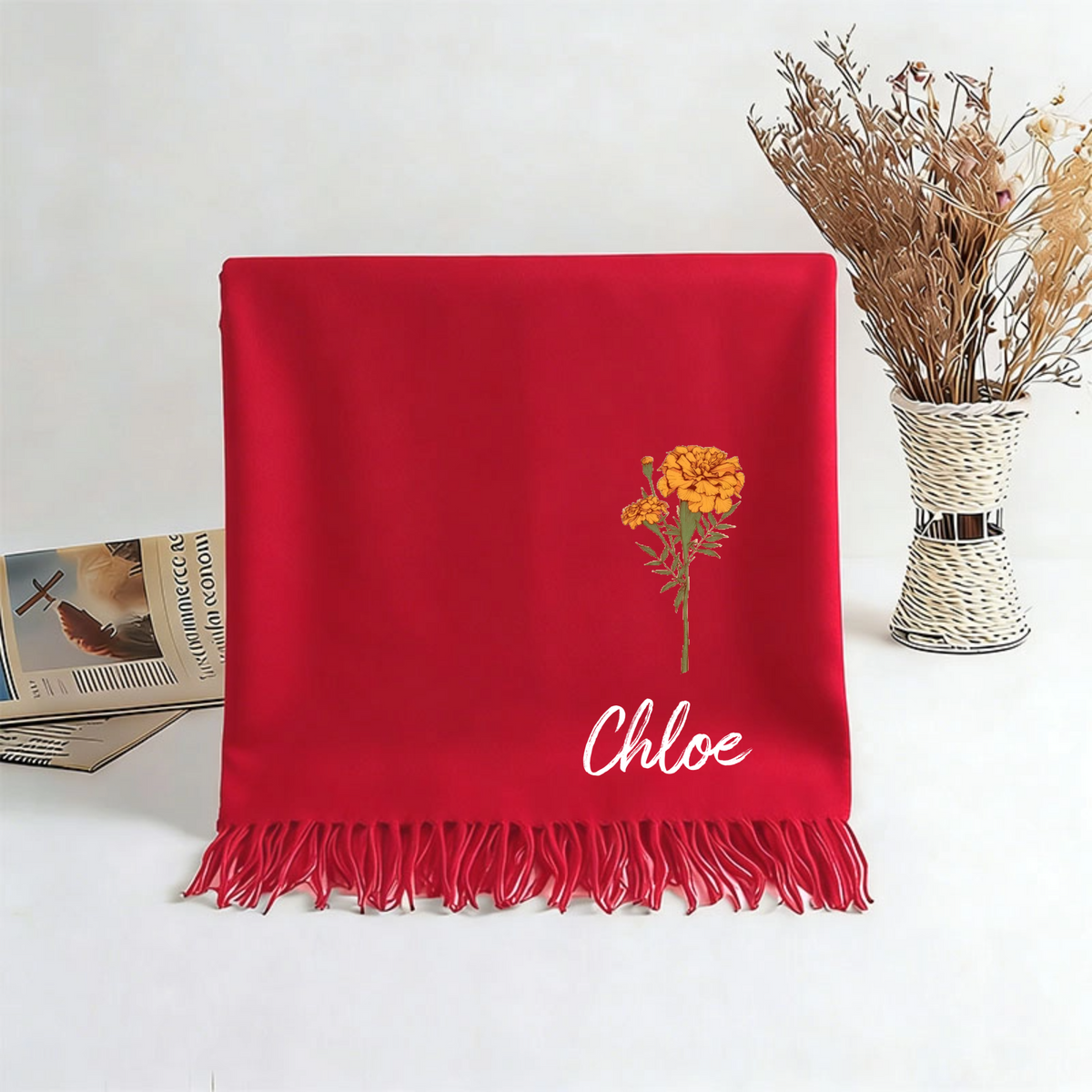 Personalized Birth Flower Soft Warm Tassel Scarf, Birthday Gift for Women Men, Perfect for Holidays, Special Occasions