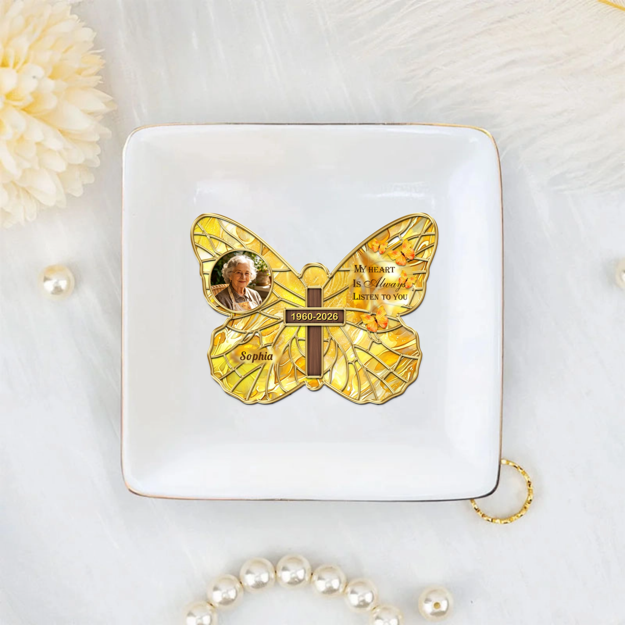 Personalized Memorial Butterfly Cross Photo Art Design, Custom Decorative Jewelry Tray Product, The Perfect Gift For Sympathy Condolence & Loss Of Loved One