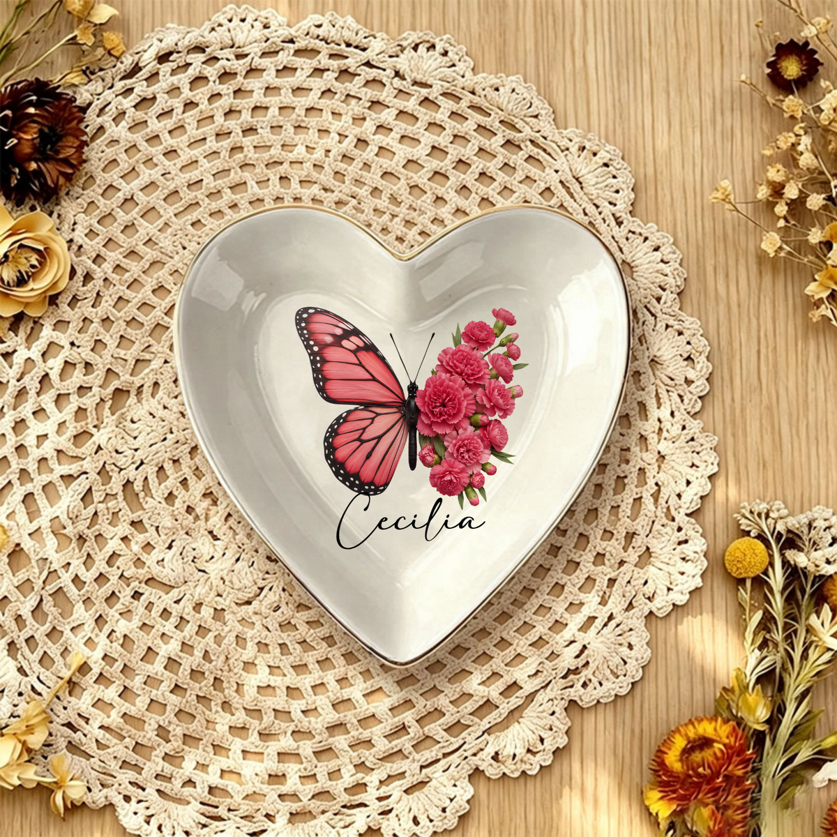 Custom Name & Birth Flower Butterfly Gifts For Her, Friends, Sisters - Personalized Jewelry Dish