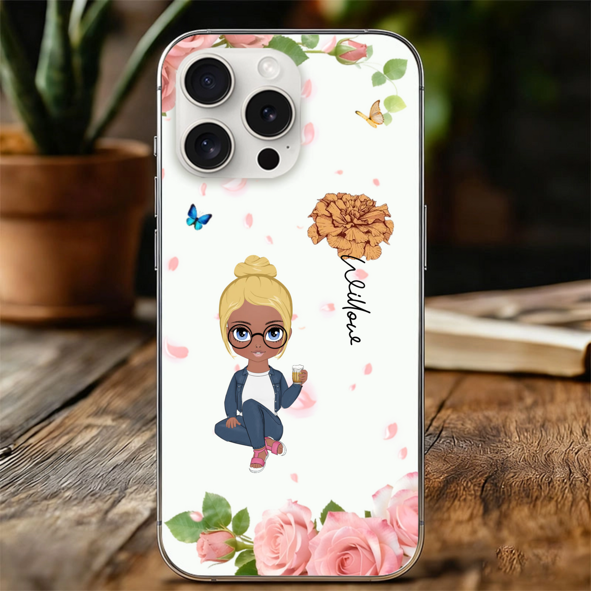 Cartoon Girl & Flower Bouquet Personalized Phone Case, Gift for Girls, Teens, Perfect for Birthdays, Friendship Day