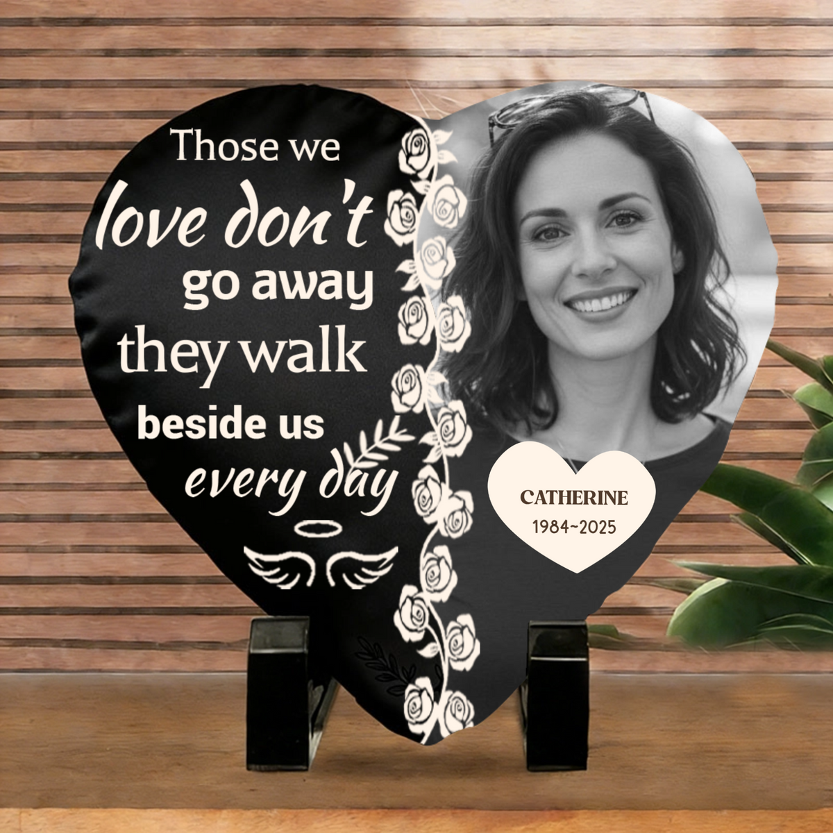 Personalized Heart-Shaped Stone Memorial Ornaments, Custom With Photos, Names, and Years, Making Them a Comforting Gift for Grieving Family and Friends, and a Keepsake To Mourn and Remember a Departed Loved One.