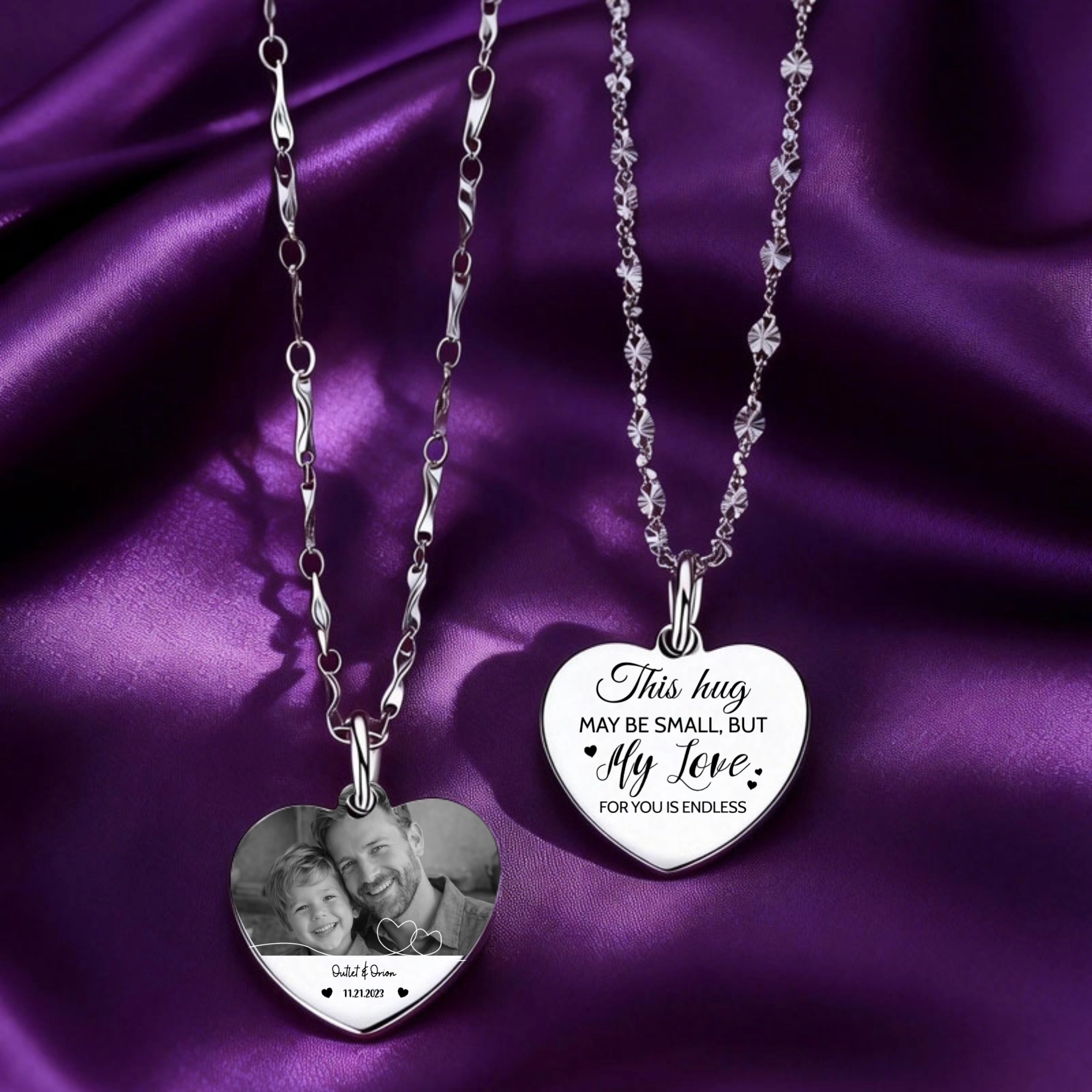 Personalized 999 sterling silver heart-shaped pendant necklace, customizable with family photos and text, making it the perfect gift for family members, Mother's Day, anniversaries, and Christmas.