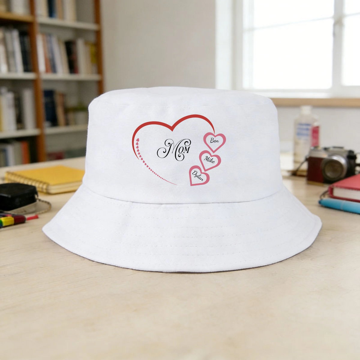 Personalized Mom Heart Bucket Hat, Gift for Mom, Grandma, Perfect for Summer, Beach, Travel