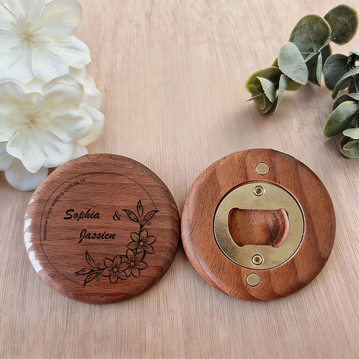 Personalized Wooden Magnetic Bottle Opener, Custom Engraved Wedding Favors, Groomsmen Gift, Party Favor, Kitchen Refrigerator Magnet