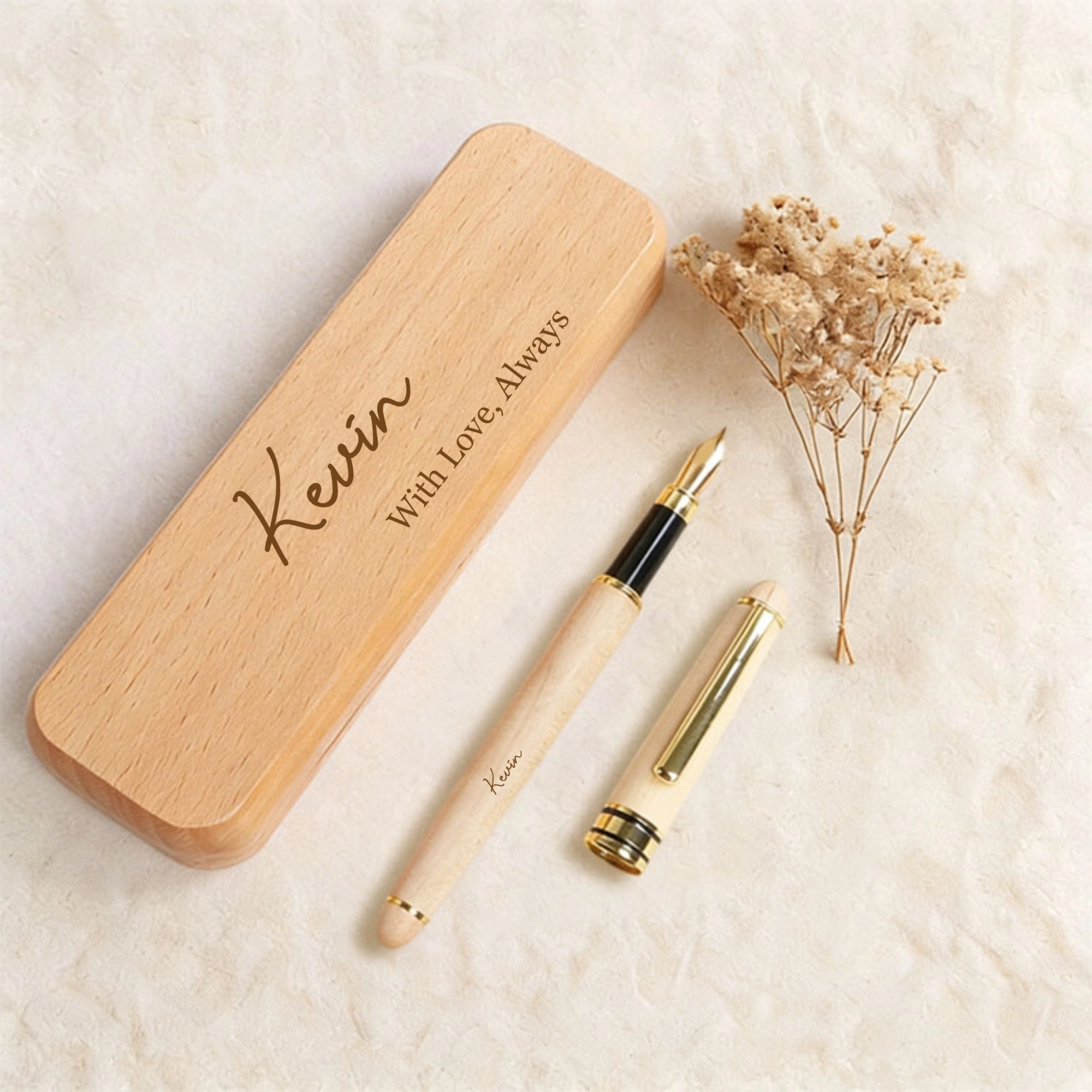 Personalized engraved maple wood fountain pen and pen case set, with customizable text, making it an ideal gift for men, birthdays, professionals, graduates, and retirees.