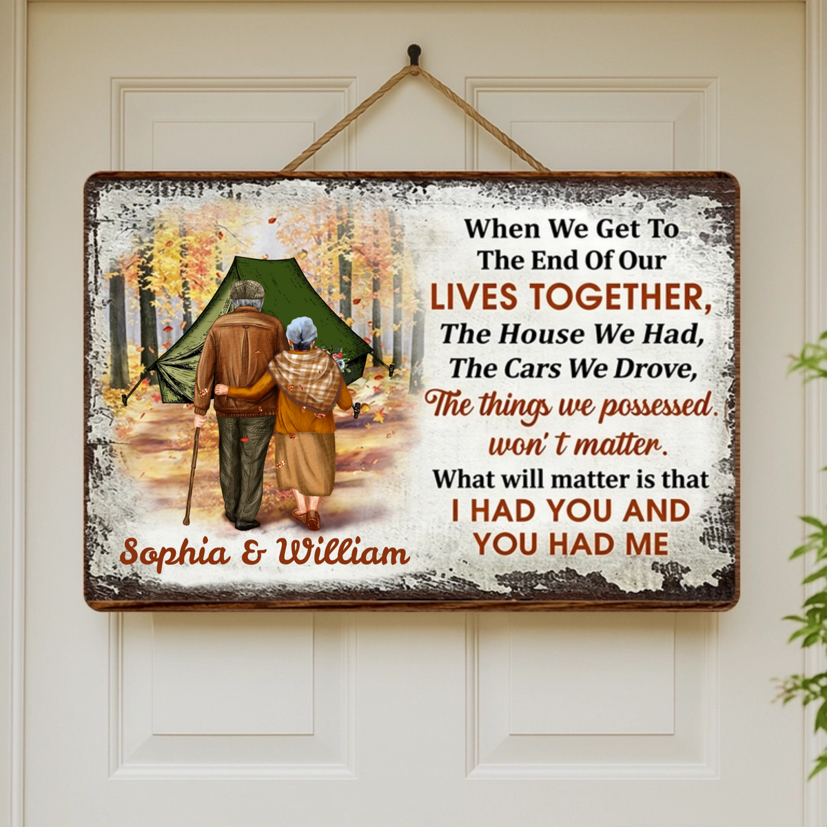 Personalized Sweet Companion Text & Old Couple Graphic Design, Custom Wooden Door Plaque, Ideal Gift For Spouses Who Stay Together A Lifetime