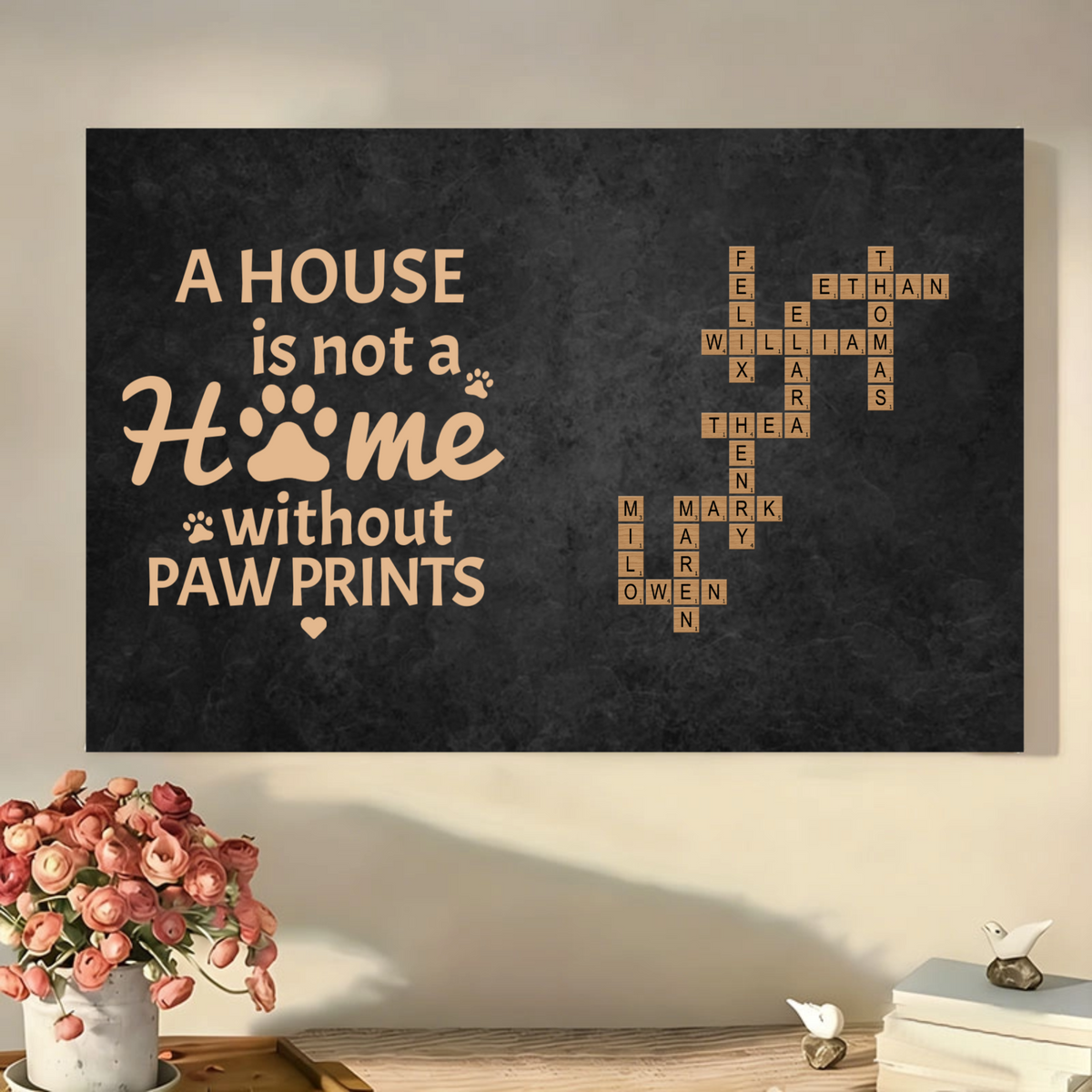 Custom Pet Name Crossword Canvas, Personalized Quote Art, Dog Cat Lover Gift, Housewarming Decor for Living Room, Bedroom Wall Hanging