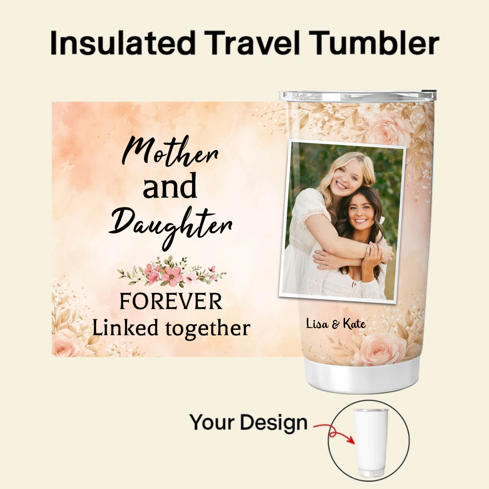 Personalized Mother Daughter Insulated Travel Tumbler, Custom Background & Quote Stainless Steel Car Cup for Gift, Mom & Daughter Occasion