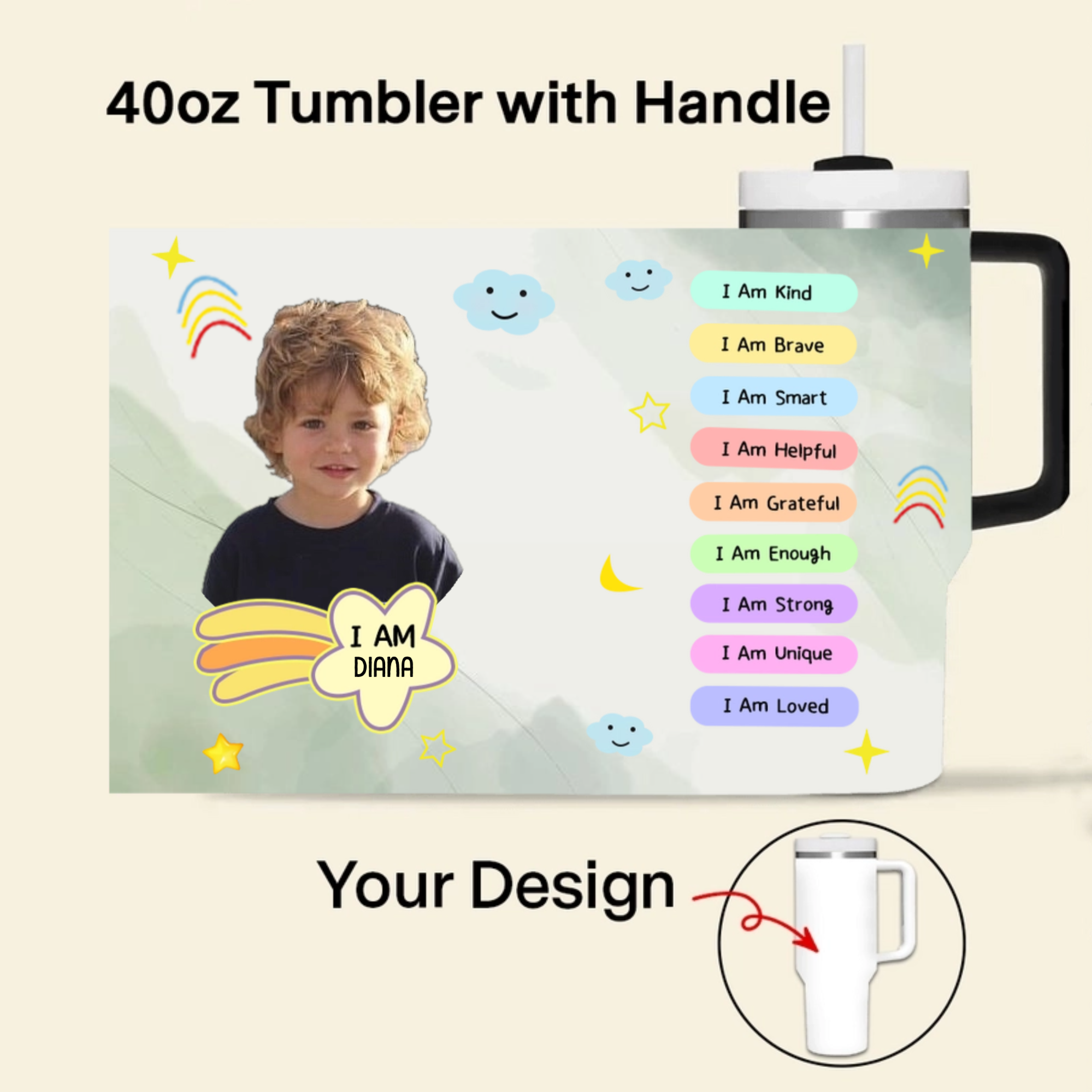 "I Am..." Affirmation Quotes — Personalized Stainless Steel Vacuum-Insulated Tumbler with Handle; Suitable for Boys and Girls; A Creative Gift for the Back-to-School Season.