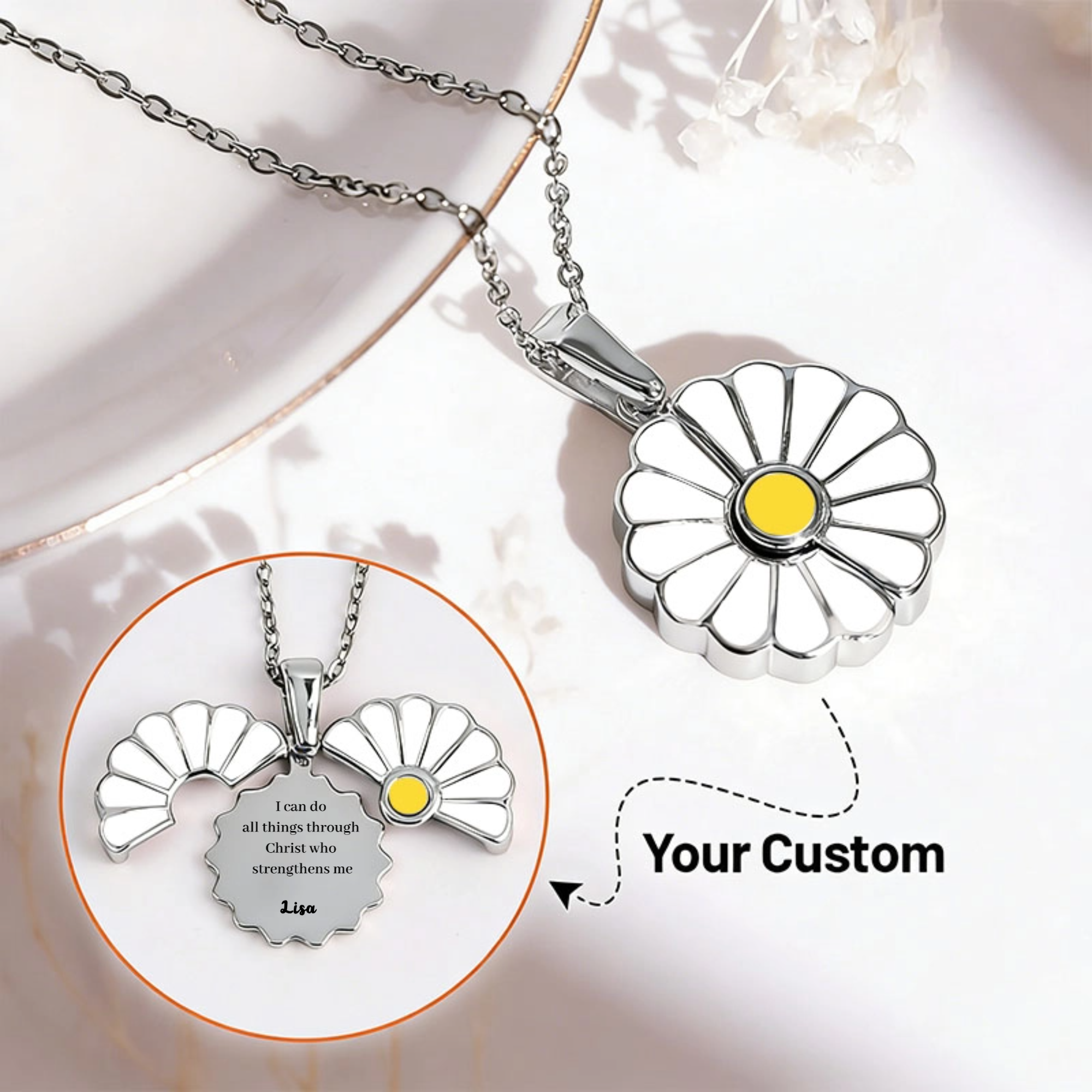 Personalized Custom Daisy Sunflower Stainless Steel Necklace, Gold/Silver Color, Inspirational Quote & Name Engraving, Gift for Women, Best Friend, Mom, Birthday/Anniversary