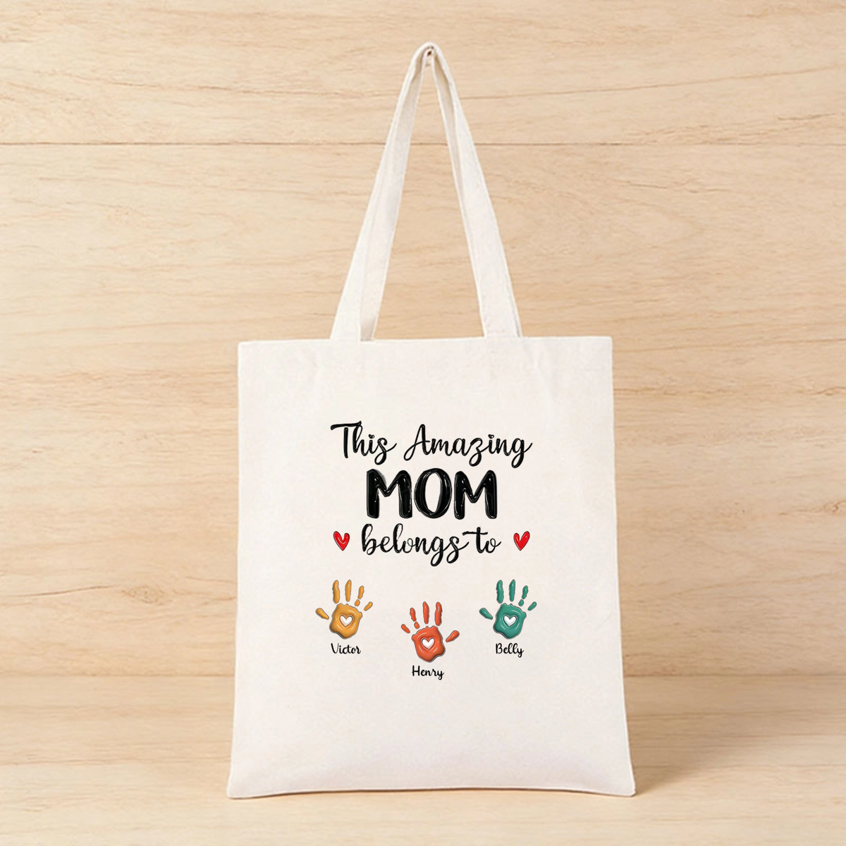 Personalized Handprint Mom Tote Bag, Custom Text Color, Multiple Colors & Kids Quantity (1-6), Mother's Day / Birthday Gift for Mom