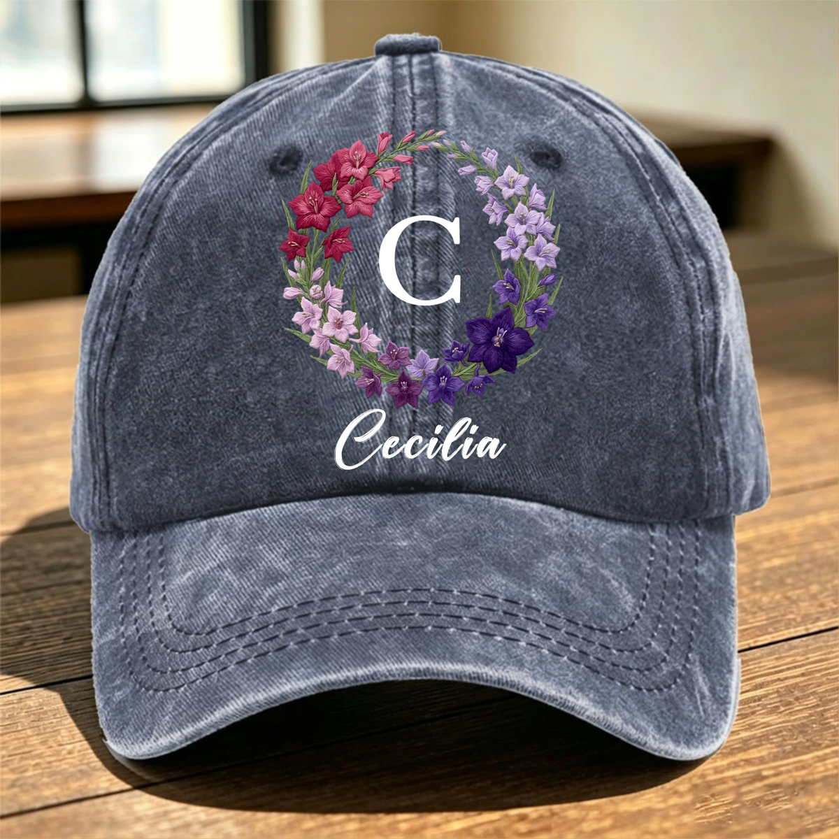 Washed Denim Baseball Cap With Custom Floral Design - Relaxed Everyday Gift For Mom Or Friend