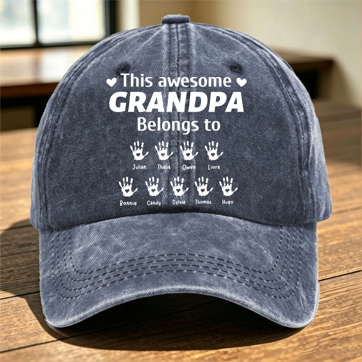 Personalized Retro Washed Denim Baseball Cap With Handprint Design – A Unique Gift For Dad, Grandpa, Or Other Family Members.