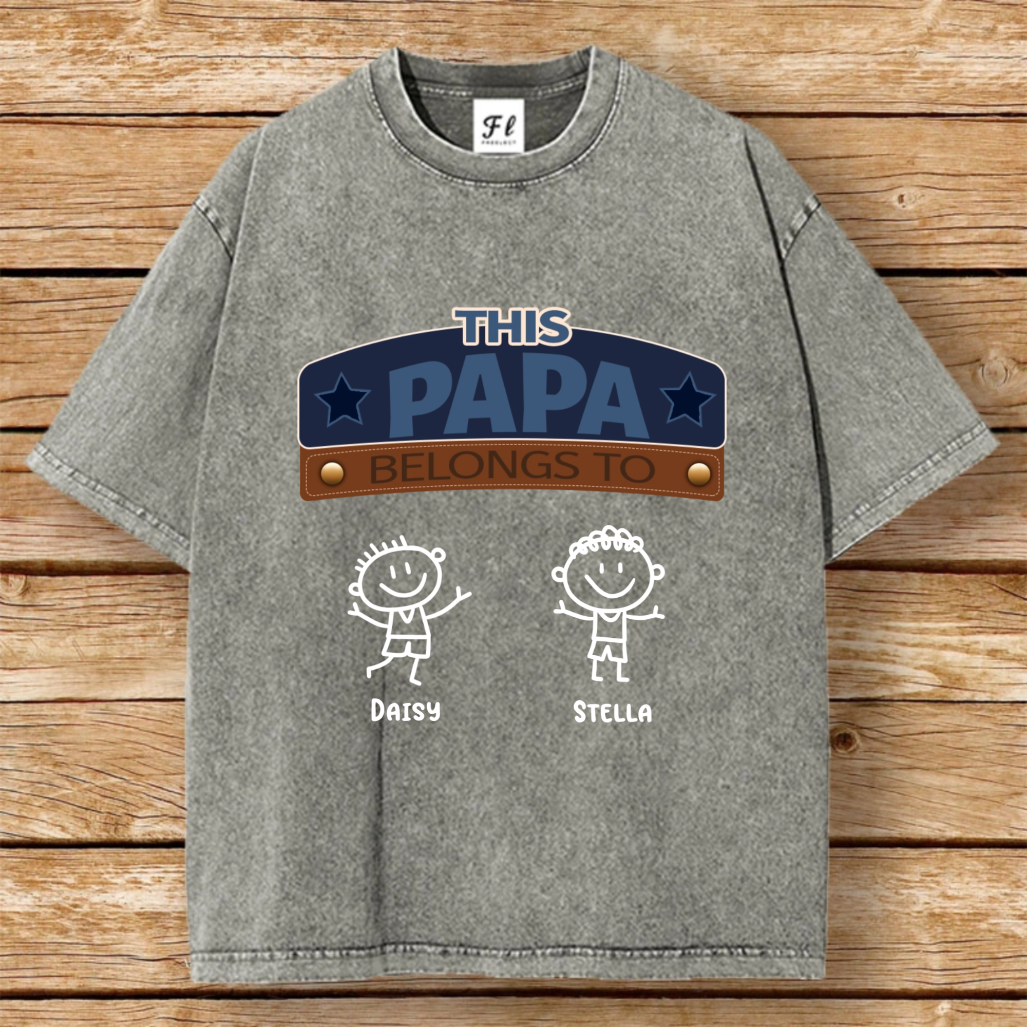 Personalized Vintage Washed Snowflake Cotton T-Shirt, Printed With line Drawings of little Figures and Quotes, This Gift is Perfect for Father's Day, Birthdays, and as a Present for Dads, Grandpas, or Other Family Members.