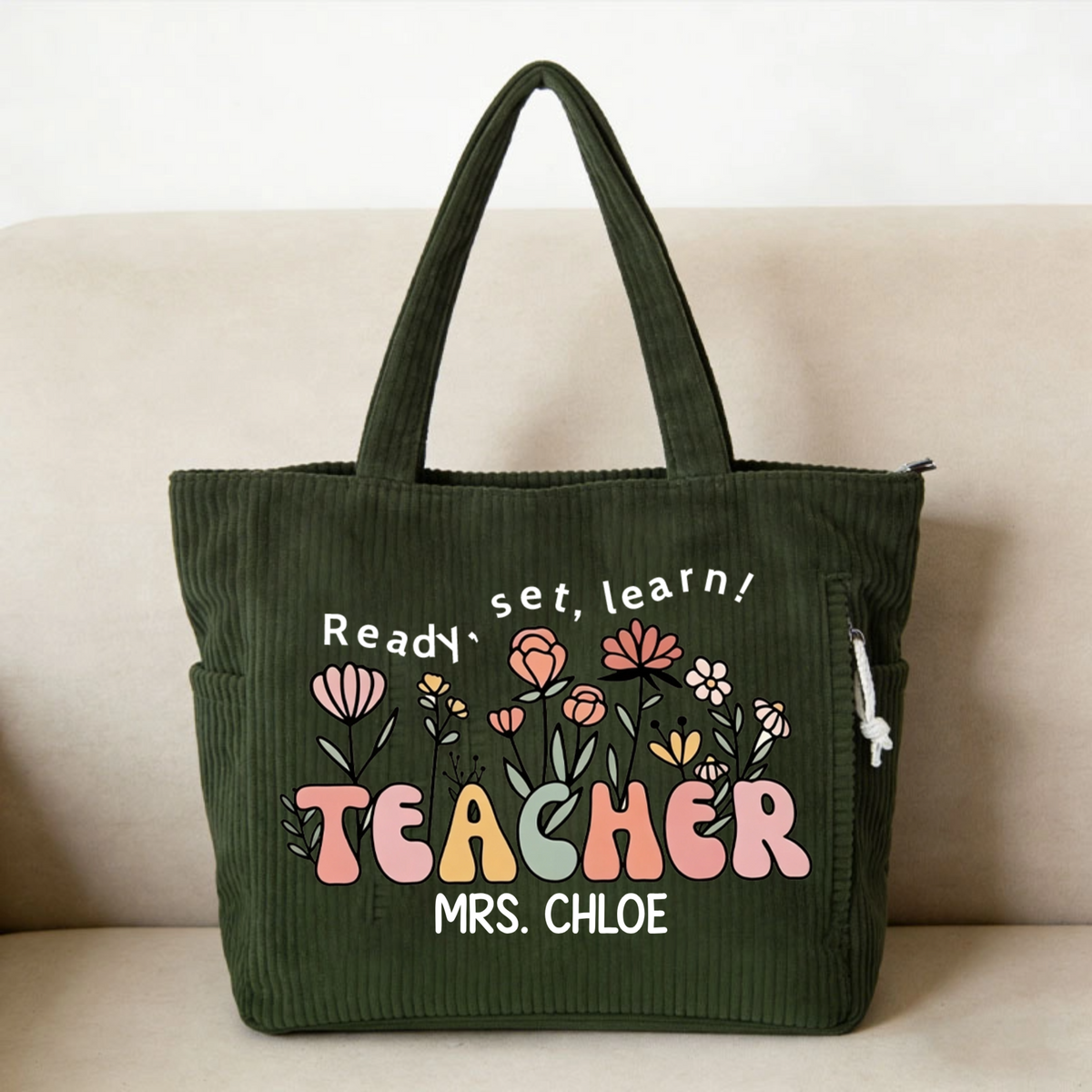 Personalized Corduroy Tote Bag With Custom Floral Patterns, Perfect For The New School Year and Back-To-School Season, A Great Gift For Teachers.