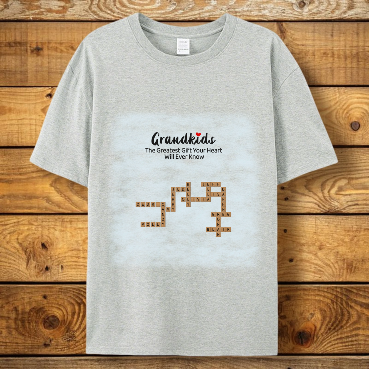 "Grandkids Make Life Better" – Personalized Family Crossword T-Shirt; customizable with names; perfect for family gatherings and everyday wear.