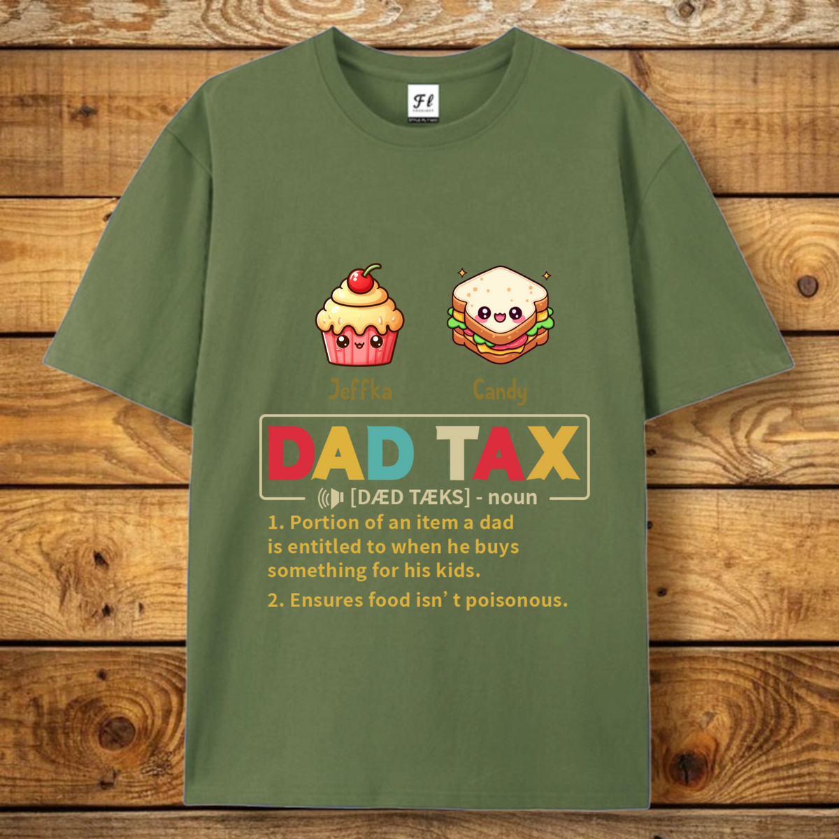 Personalized Classic T-shirts With Cartoon Designs Featuring Food and Dad-Themed Designs; Custom To Fit Different Numbers Of Children; A Unique and Creative Father's Day Gift.
