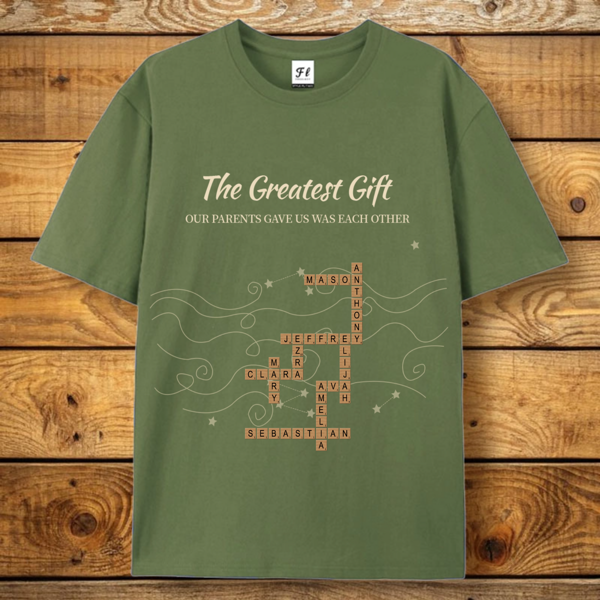 "Siblings United in Heart" – Personalized Crossword-Style T-Shirt; A Custom Gift Perfect for Birthdays and Family Gatherings