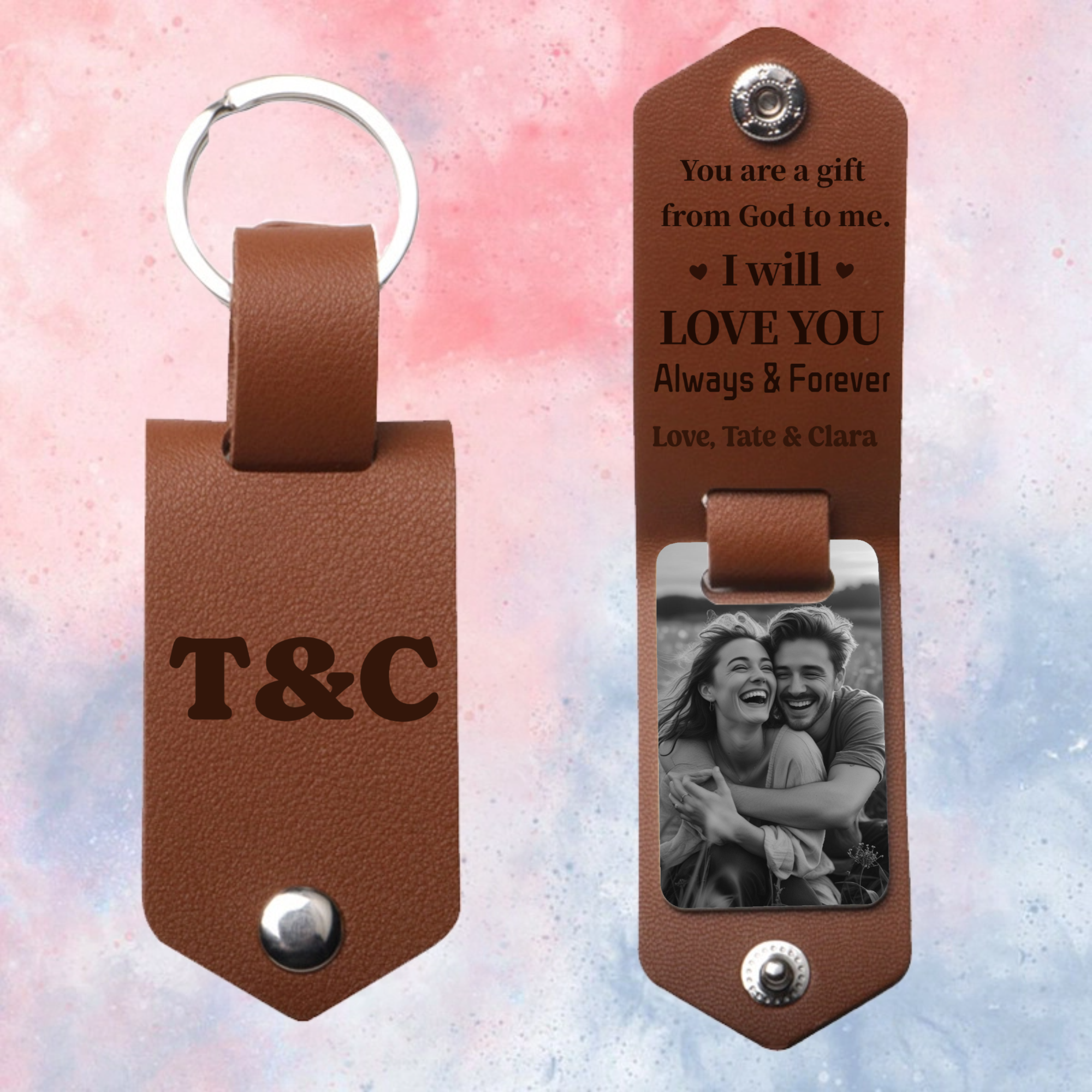 "My World Is Better With You In It"—Personalized Photo/Engraved Genuine Leather Keychains For Couples, Anniversary/Birthday Gifts.