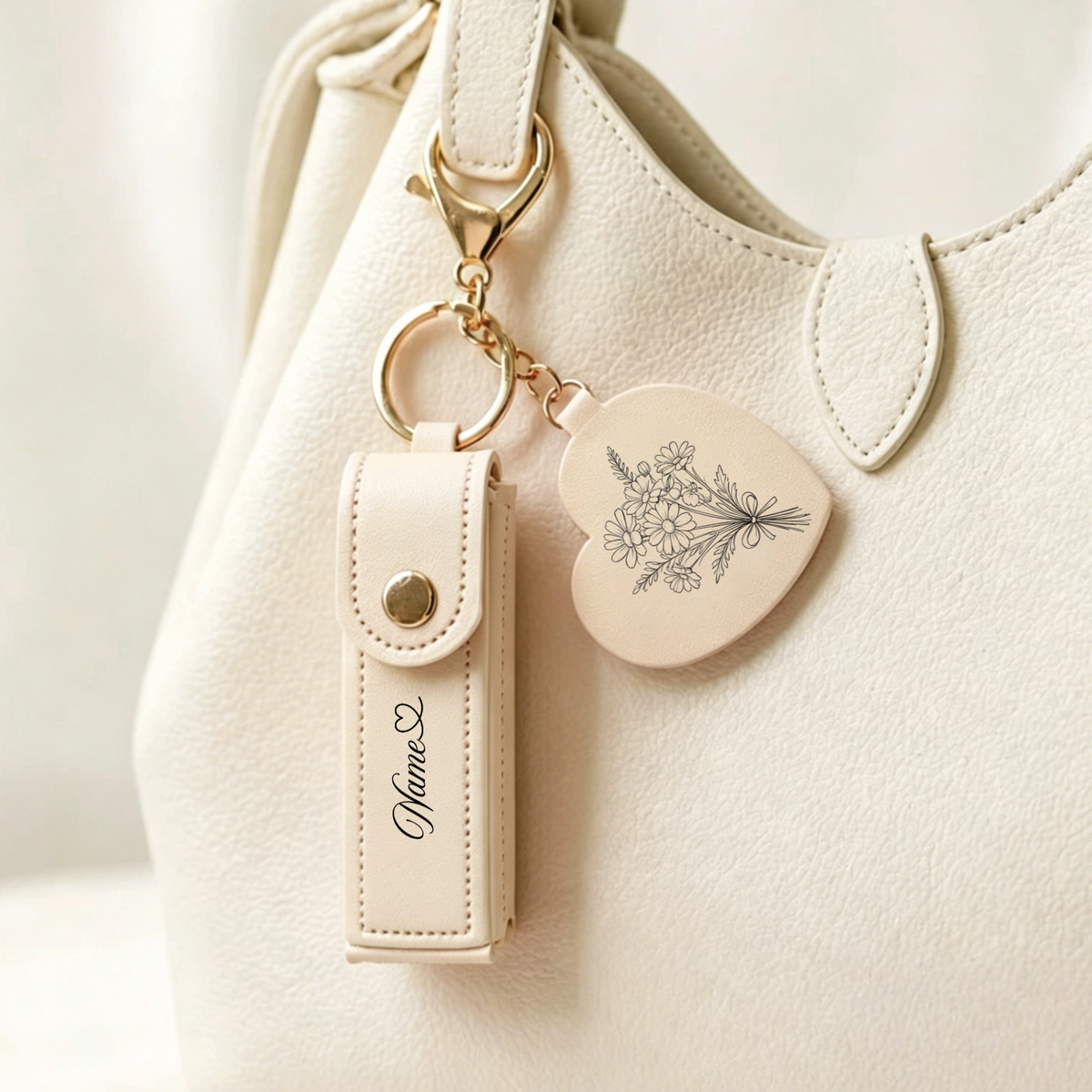 Personalized Flower & Name Lip Balm Keychain, Custom Engraved Lipstick Holder, the Perfect Gift for Her