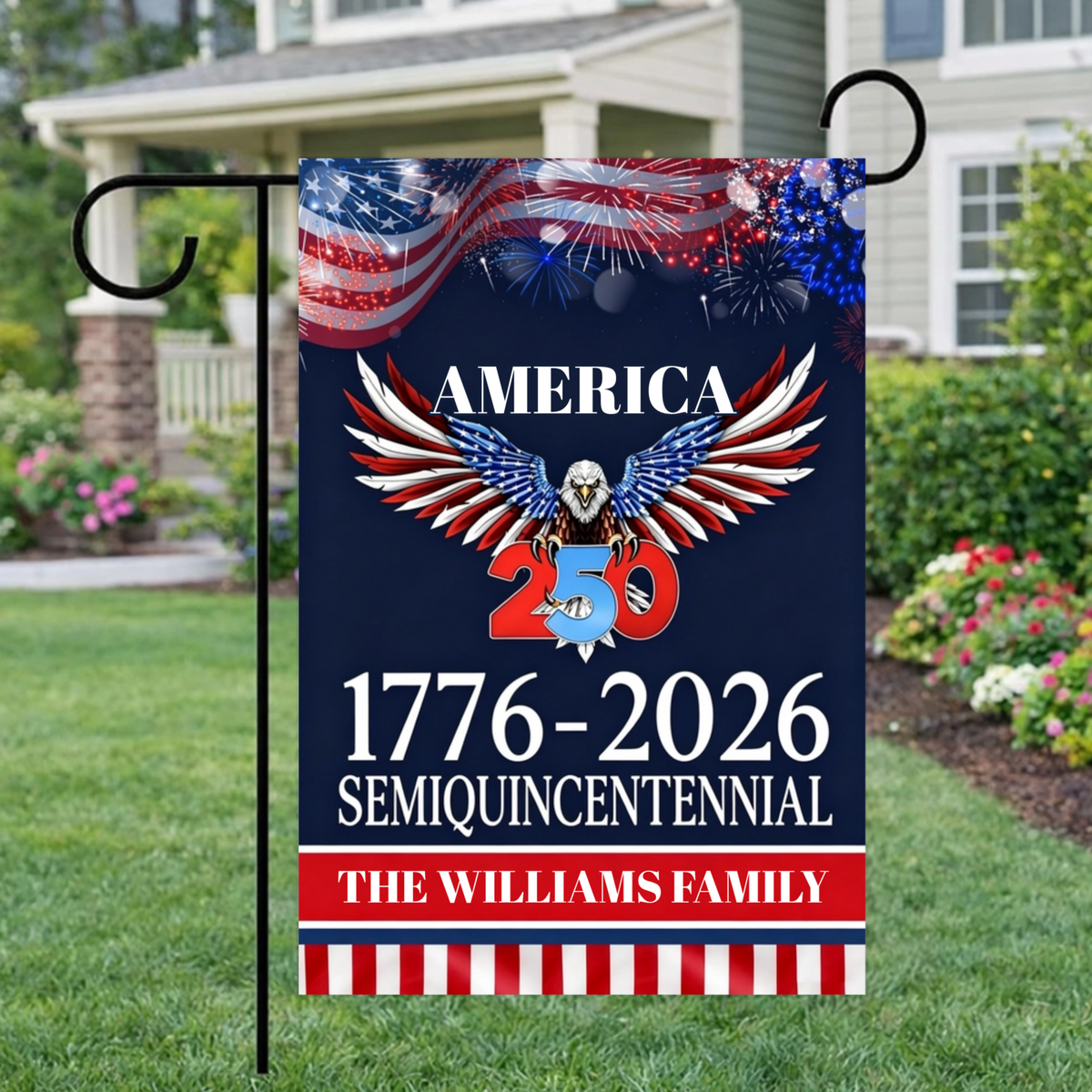 Personalized Eagle America 250th Semiquincentennial Design, Custom Family Name Garden Flag Product, An Excellent Gift For Patriotic Families & America 250th Anniversary Celebration