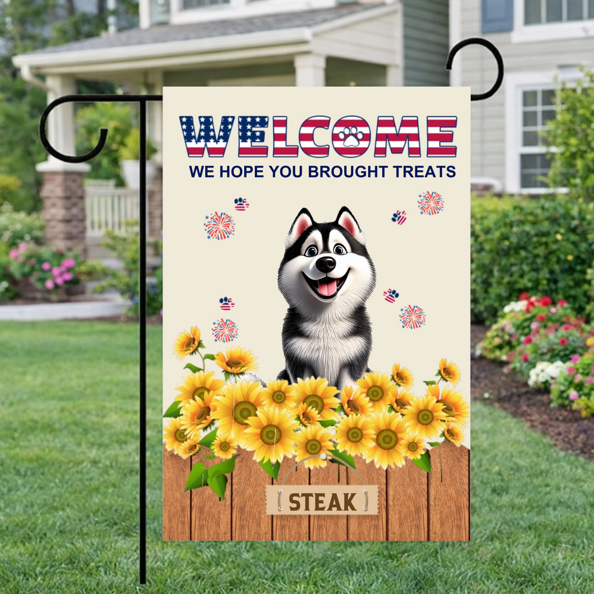 Custom Cartoon Pet-Themed Garden Flag — Customizable Name, Yard Decor, 4th of July Gift, Perfect for Pet Lovers