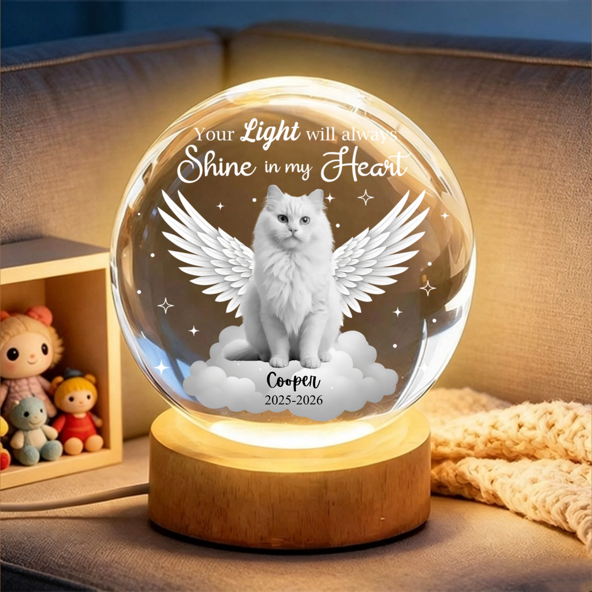 Custom Photo Dog Cat Pet Your Light Will Always Shine In My Heart Memorial Engraved Crystal Ball LED Night Light