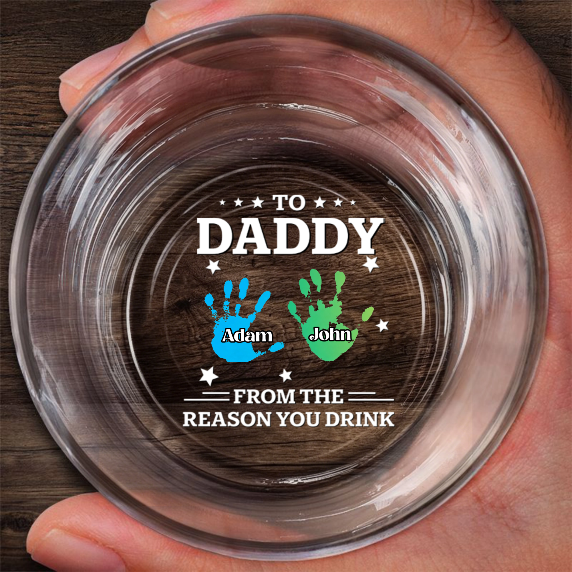 Personalized Custom Whisky Glasses With Handprint Photos On The Bottom. You Can Also Customize The Child's Name. It's A Special Gift For Your Father And The Person Closest To You Who Loves Alcohol The Most