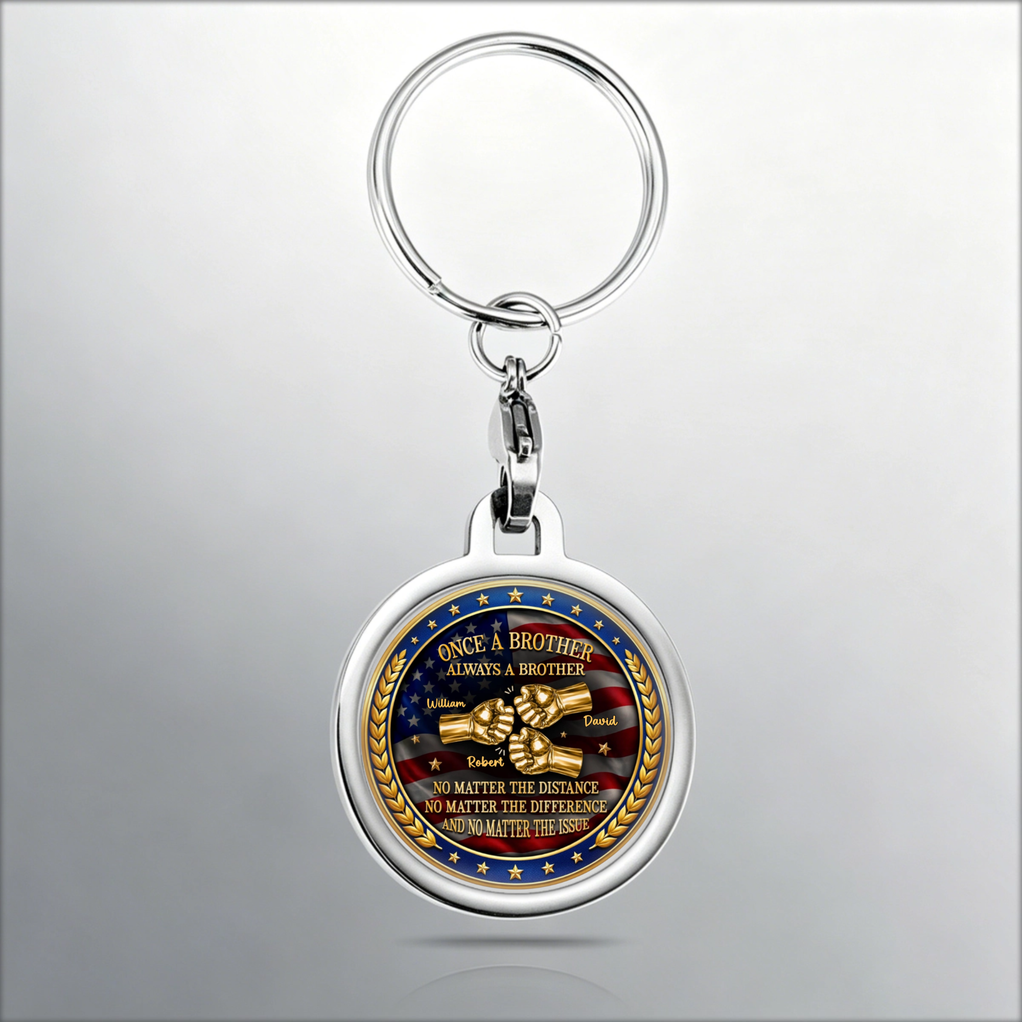 Personalized Keychain With 3D Metal Star-Spangled Banner Engraved With Slogan “Once Brothers, Always Brothers”