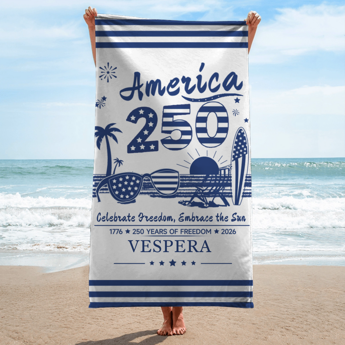 Custom Beach Towels—Personalized Gifts To Commemorate The 250th Anniversary Of The United States, Custom With Your Name, Patriotic-Themed Summer Vacation Towels, Perfect For Family, Friends, and Independence Day Parties.