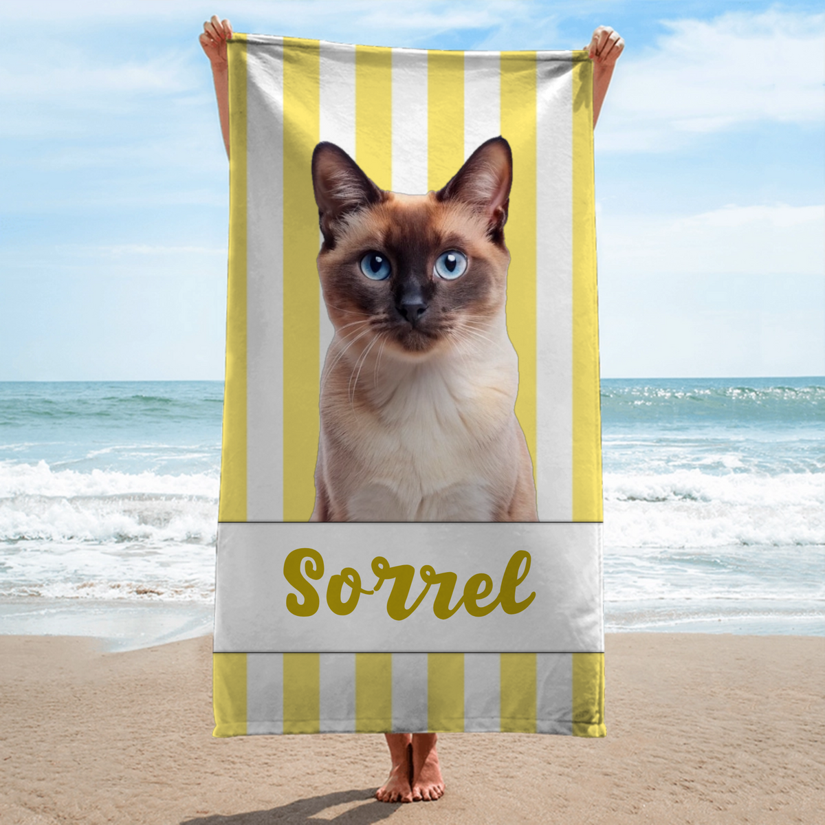 Personalized Pet Photo Striped Beach Towel, Custom Name Microfiber Towel for Pet Lovers, Gifts for Dog & Cat Owners, Vacation & Pool