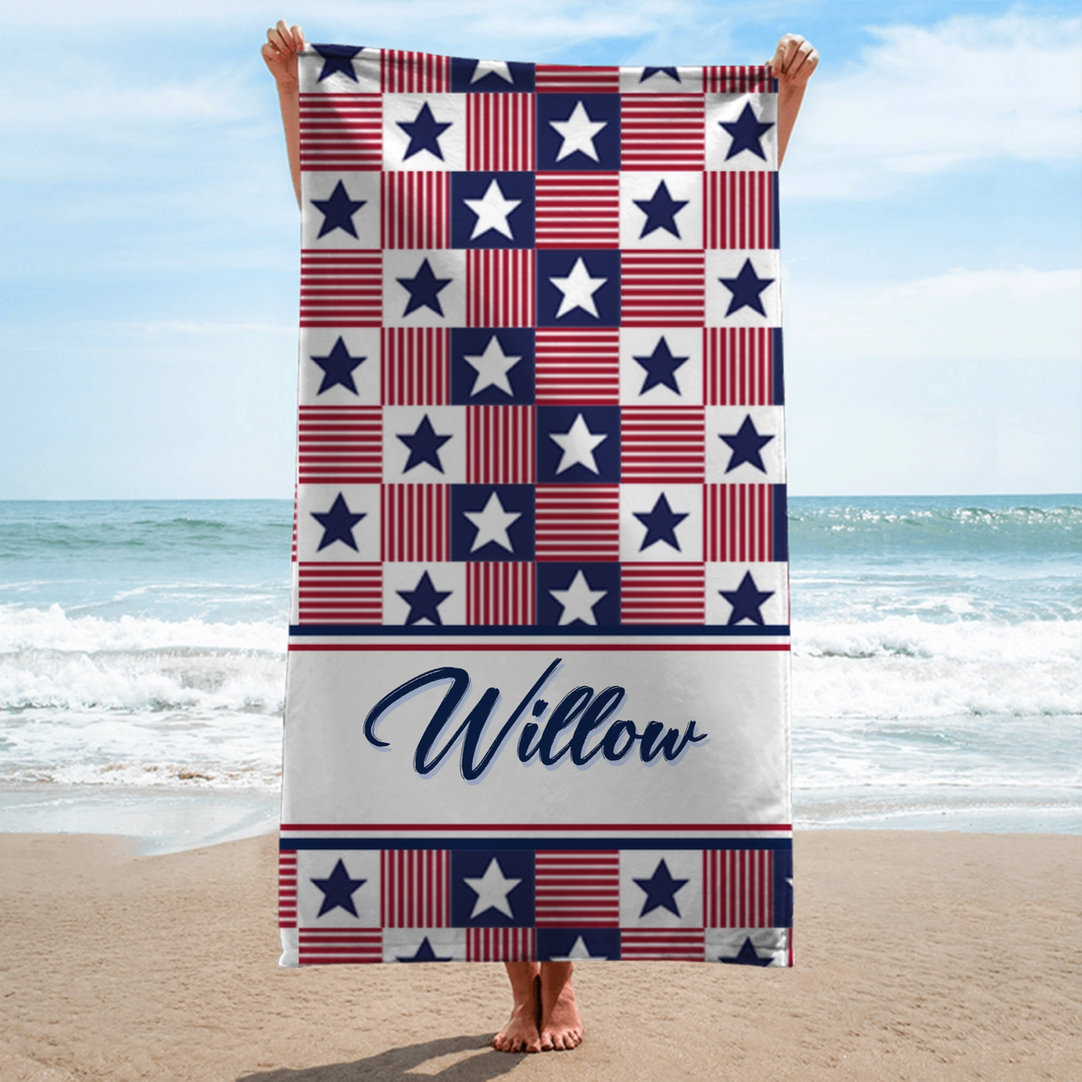 Personalized Stars and Stripes Beach Towel – U.S. Semiquincentennial (250th Anniversary) Commemorative Edition; ideal for vacation gifts and presents for close friends and family—featuring an American summer style.