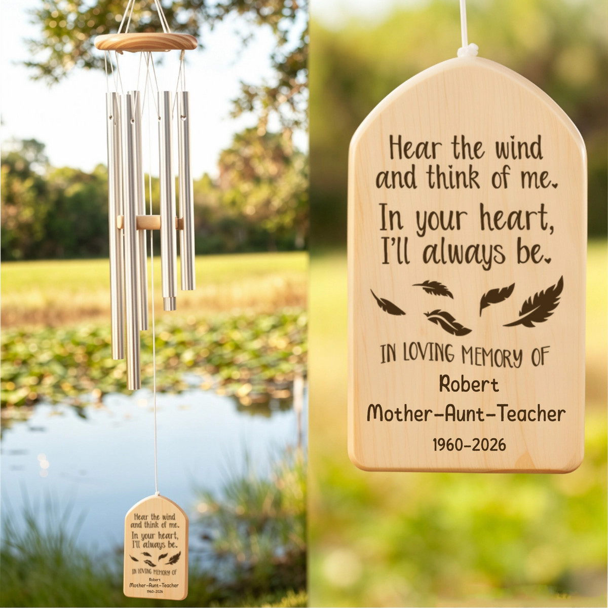 Personalized Feather Wind Quote Memorial Wind Chime Design, Custom Engraved Wooden Tag Remembrance Wind Chime Product, The Perfect Gift For Grieving Family & Bereaved Loved Ones