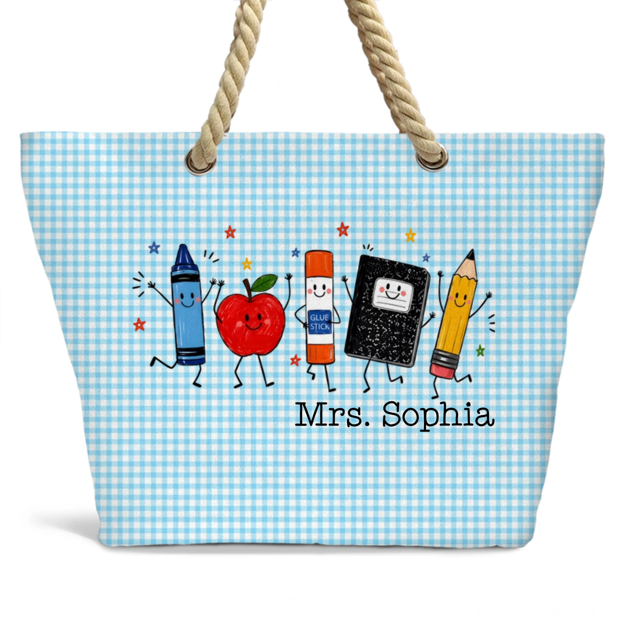 Personalized Gingham Stationery Print Design, Custom Teacher Tote Bag, The Perfect Gift For Teachers
