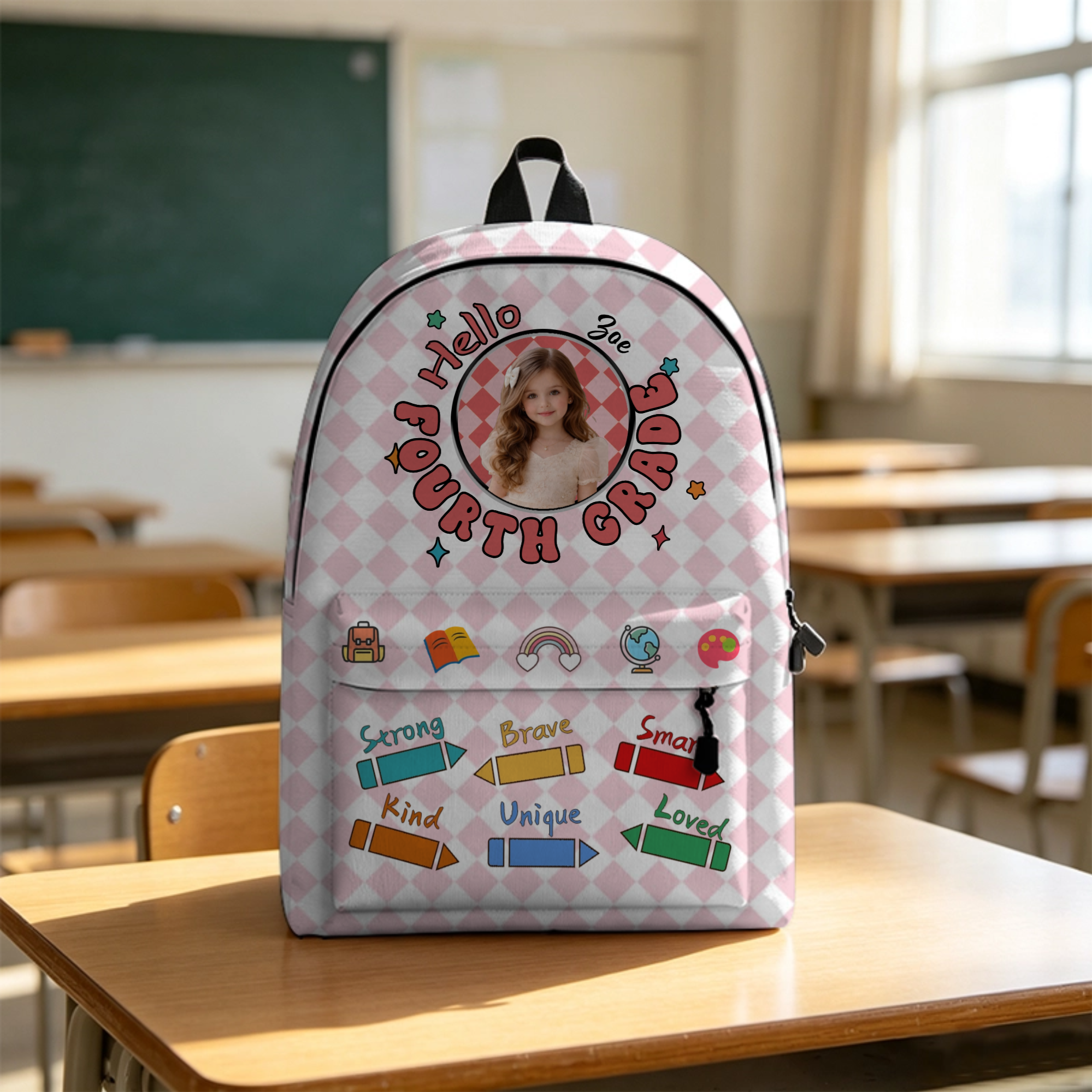 Personalized Student Backpack – Custom With Grade, Photo, And Name; Features A Diamond-Quilted Design; Perfect For The Back-To-School Season.
