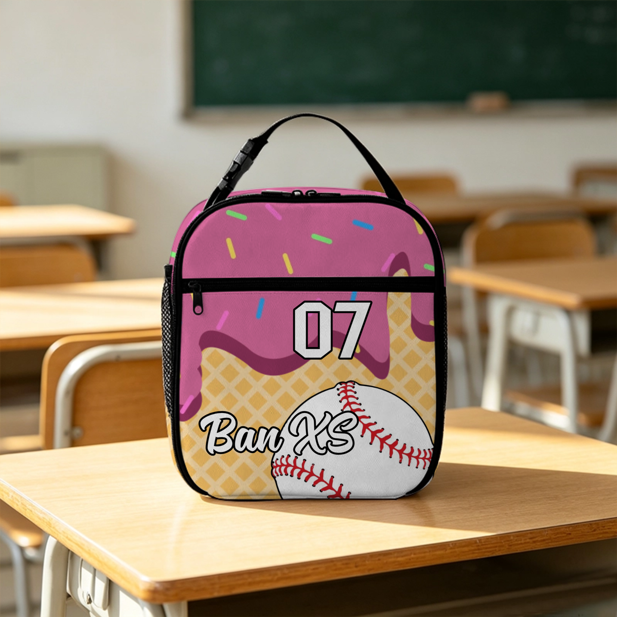 Personalized Ice Cream & Baseball-Themed Lunch Bag – Custom Name and Number; Perfect Back-to-School Gift for Kids