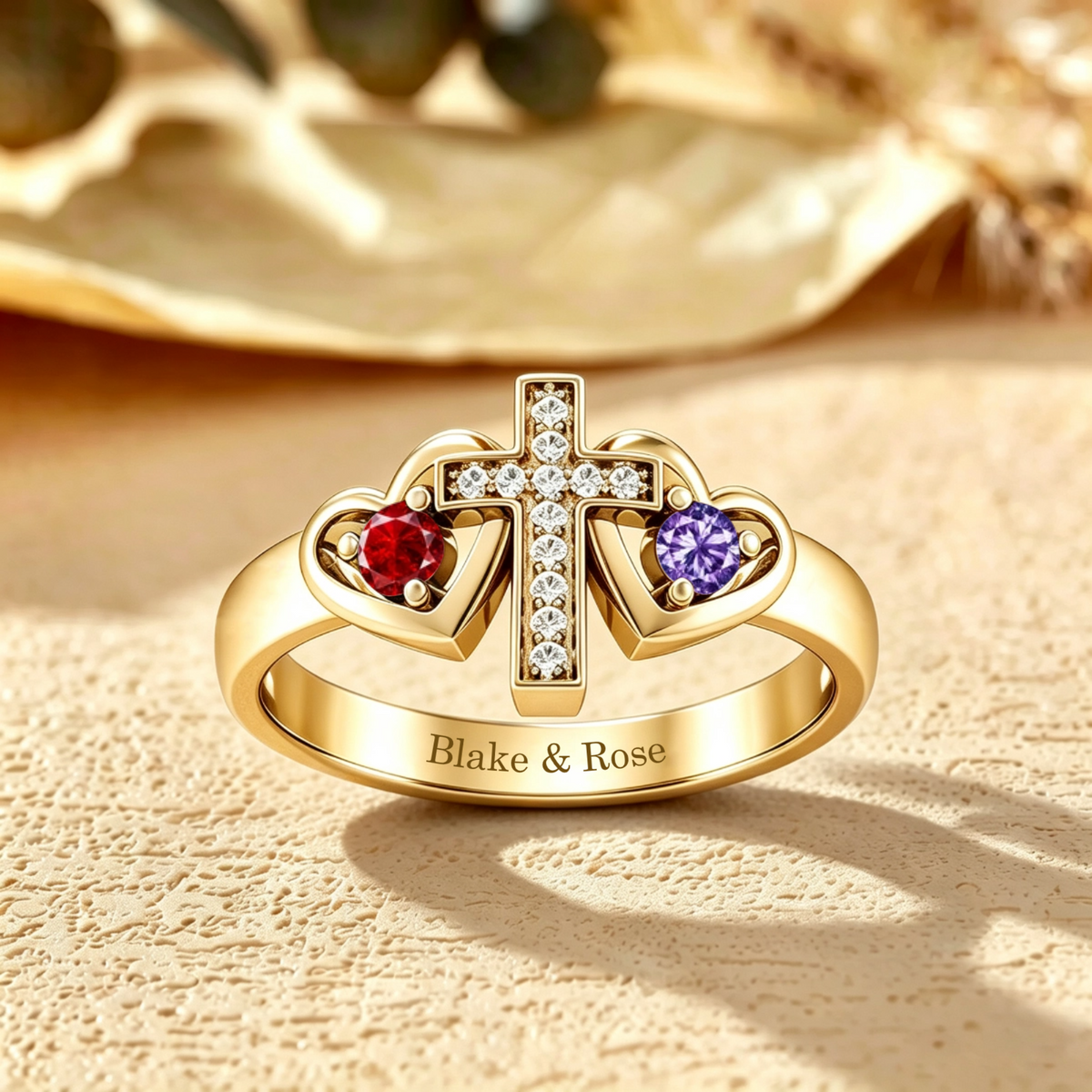 Personalized Cross Double Heart Birthstone Ring Design, Custom Engraved Gold Ring Product, The Perfect Gift For Couples & Loved Ones