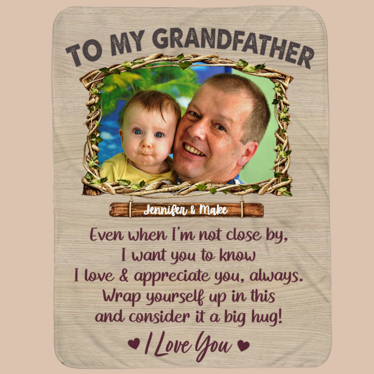 Personalized Commemorative Photo Throw Blanket, "To my Grandfather" Custom Text With Multiple Background Choices, Sentimental Keepsake Gift for Grandparents for Special Occasions