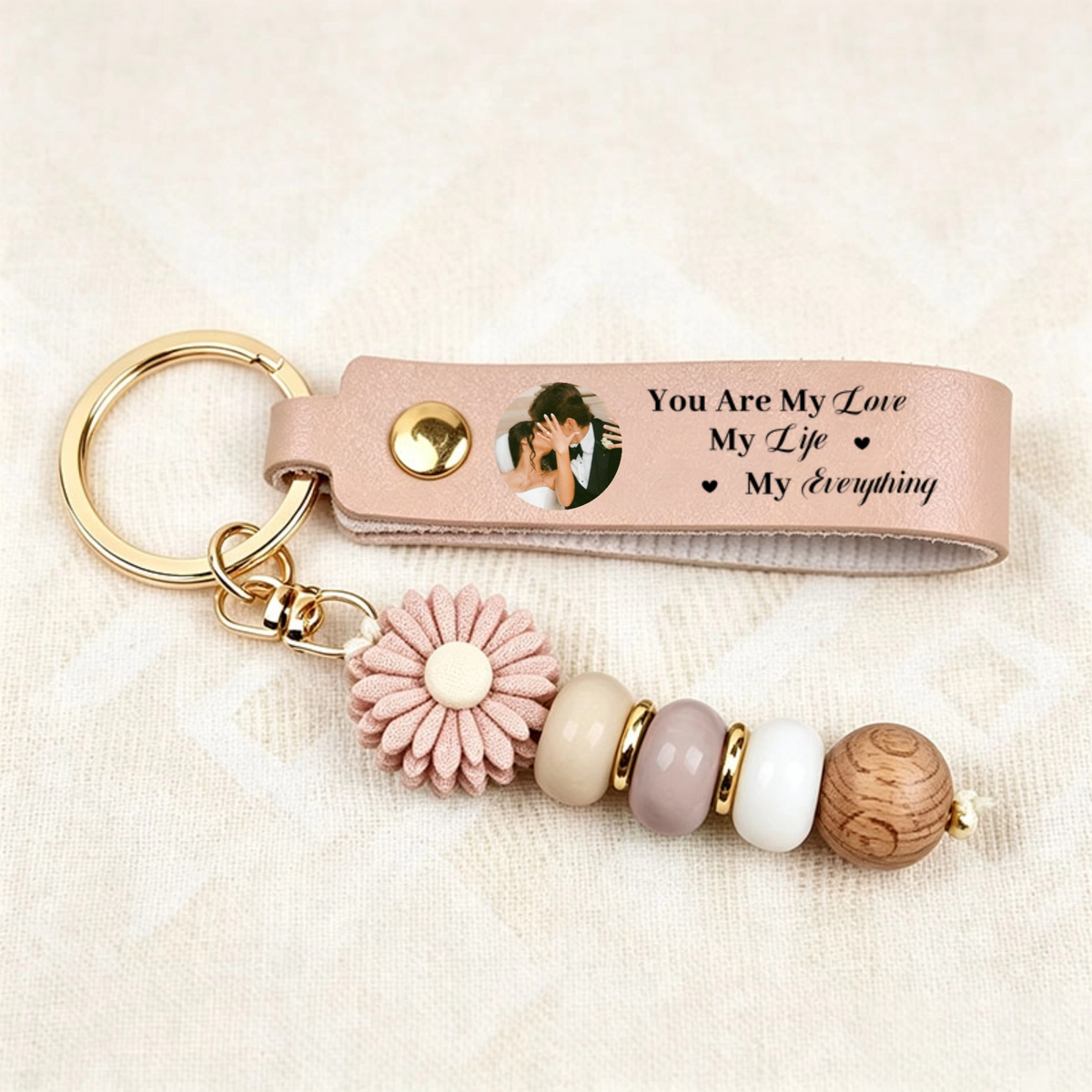 Personalised Daisy Beaded Keyring with Photo for Couples