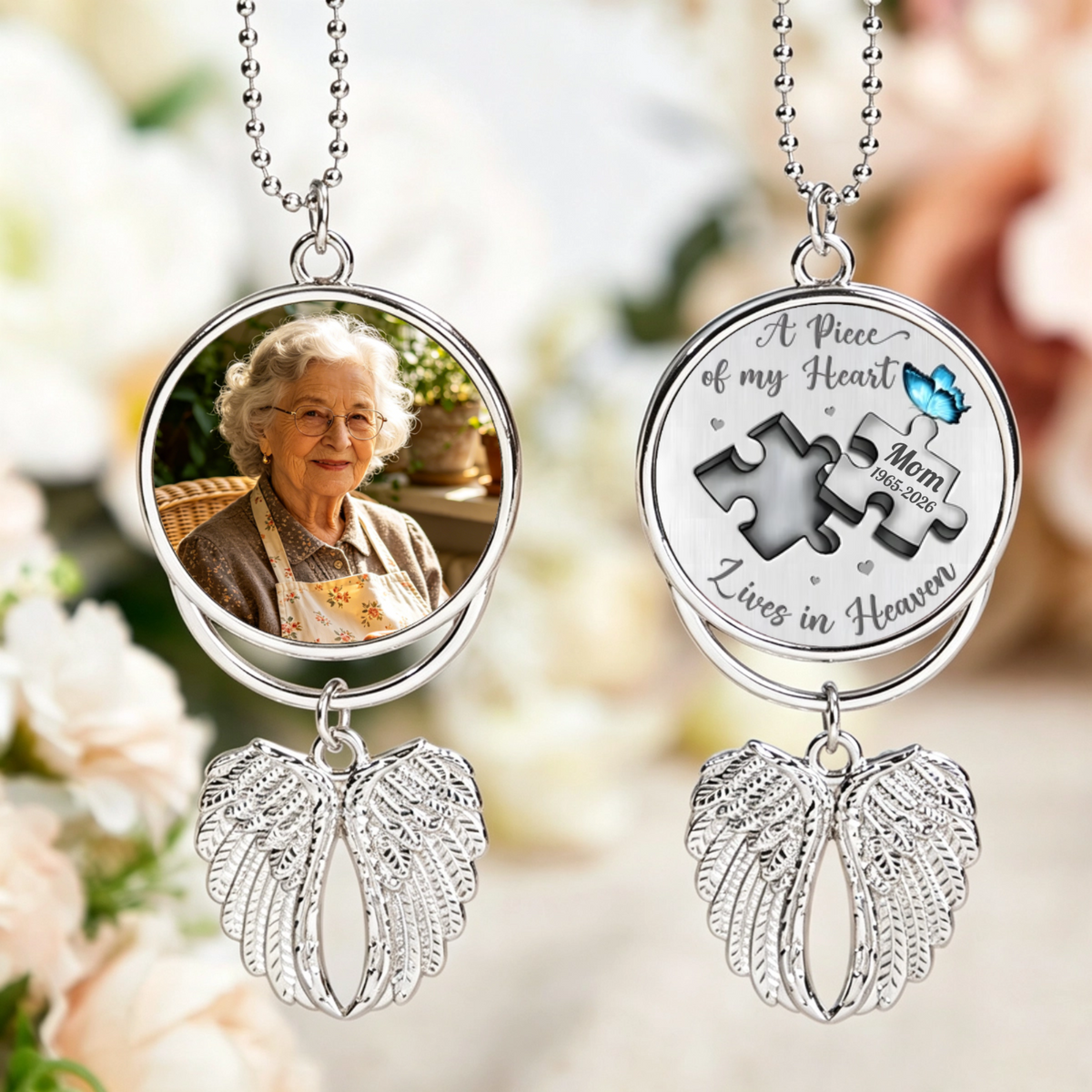 Custom Photo A Piece Of My Heart Lives In Heaven Memorial Car Hanging Ornament With Charm