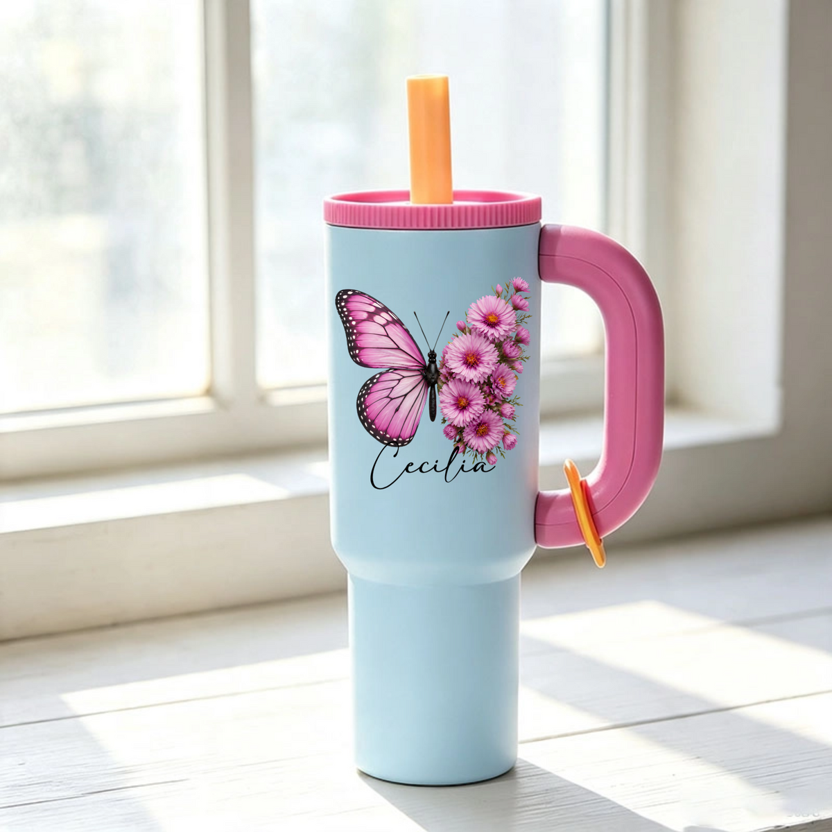 Personalized Tumbler, Custom Name With Butterfly And Birth Flower, Gift Idea For Her, Friends And Sisters